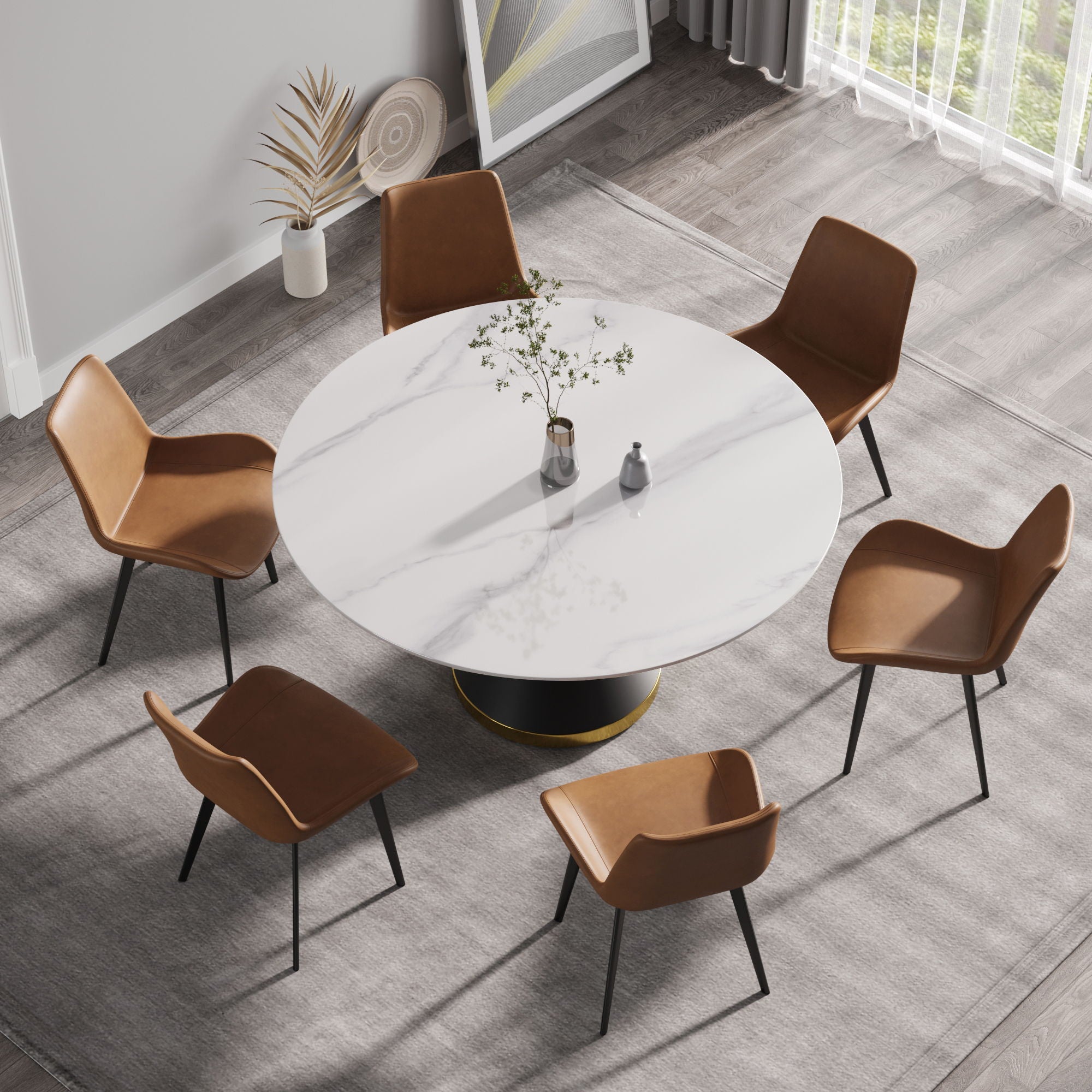 Modern Artificial Stone Round Carbon Steel Base Dining Table, Can Accommodate 6 People