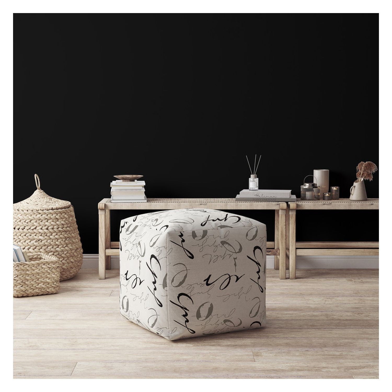 Polyester Abstract Pouf Ottoman - White / Gray