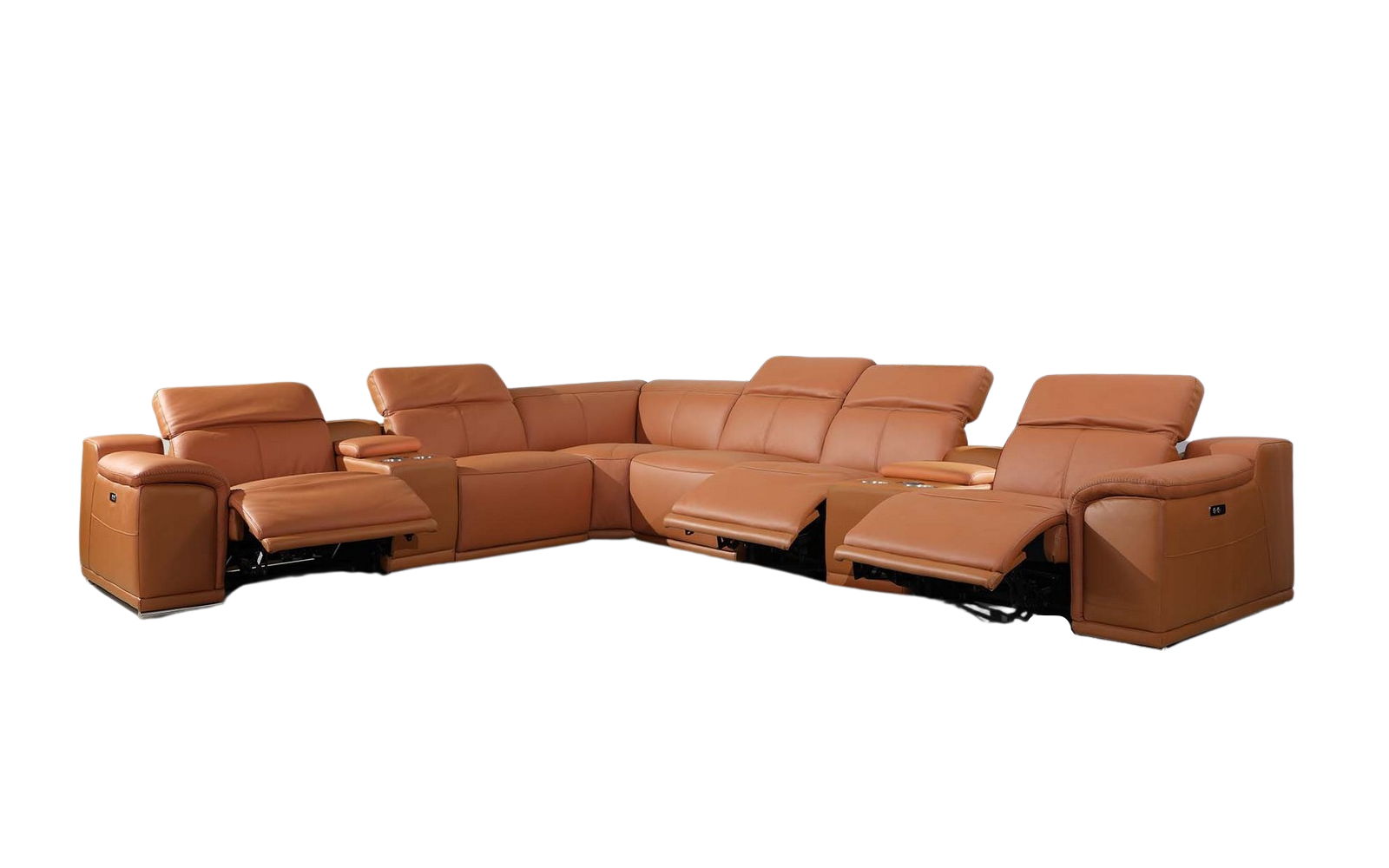 Italian Leather Power Reclining U Shaped Eight Piece Corner Sectional With Console - Camel