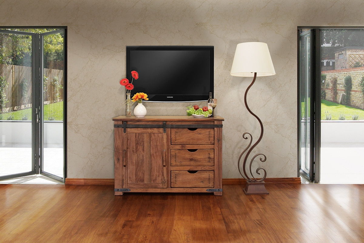 Solid Wood, Enclosed Storage Distressed TV Stand - Brown