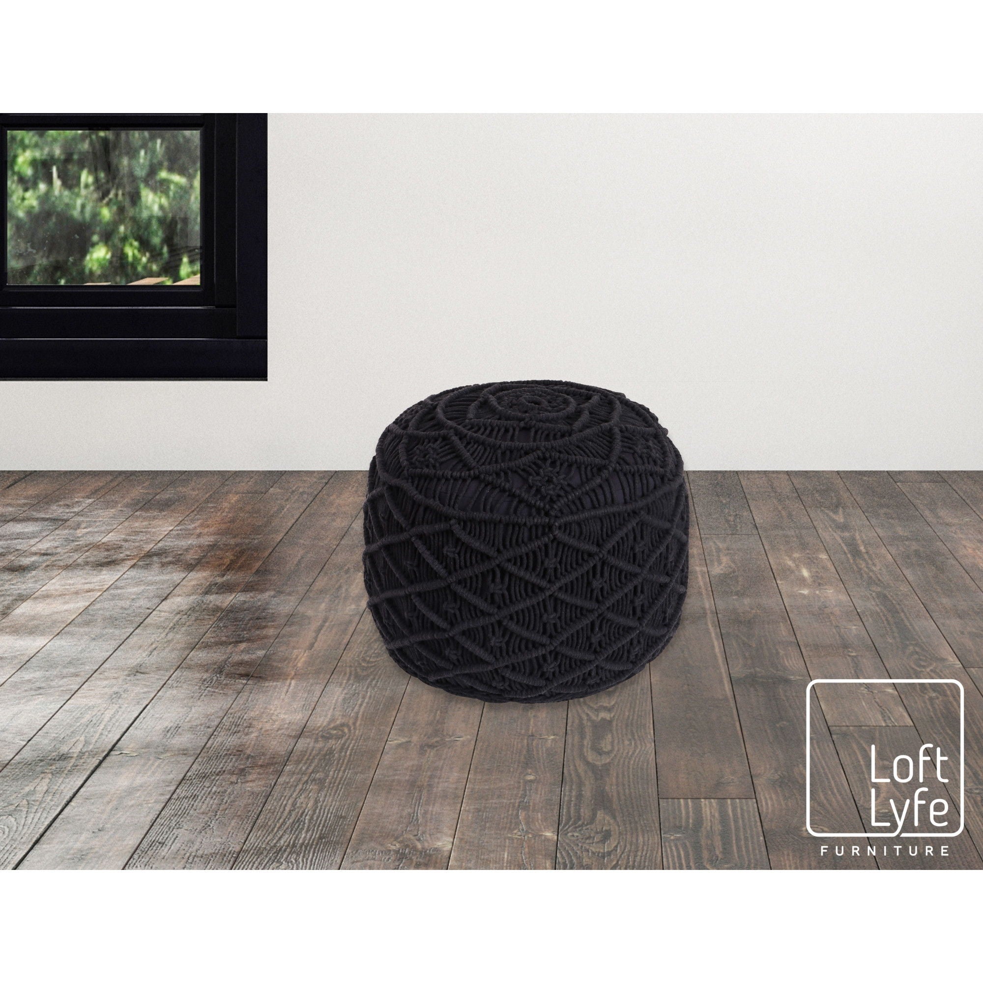 Cotton Blend Round Floral Pouf Ottoman - Black