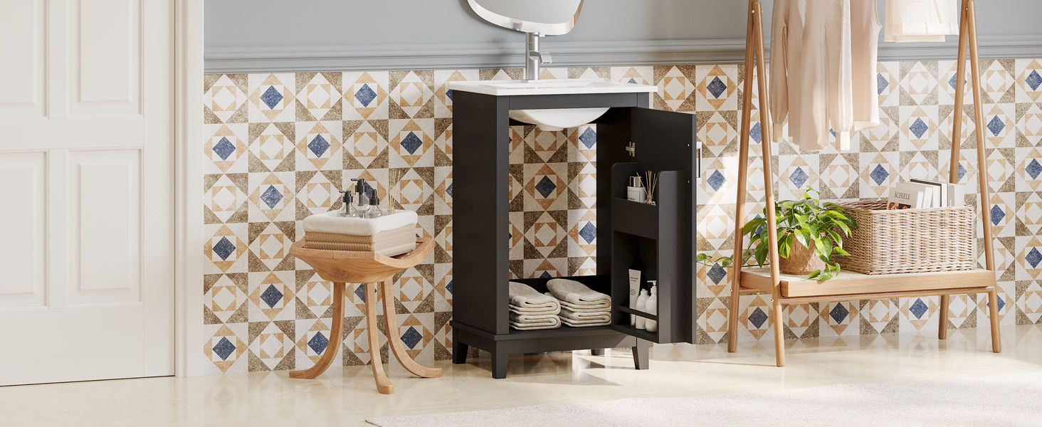 Modern Small Bathroom Vanity Cabinet With Ceramic Basin, Ample Storage, 1 Soft Close Door