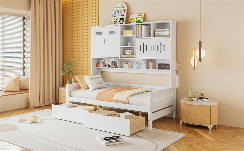 Wooden Daybed With 2 Drawers, And All-In-One Cabinet And Shelf