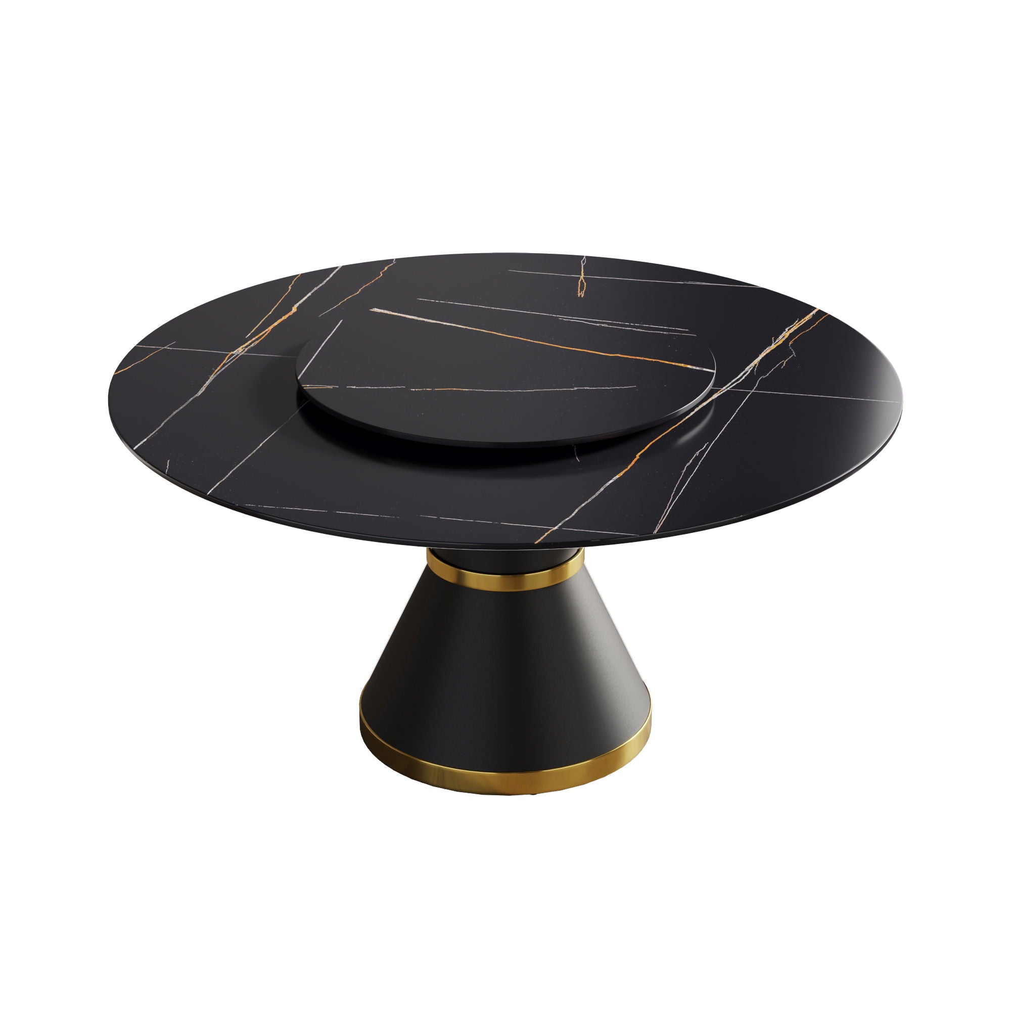 Modern Artificial Stone Round Carbon Steel Base Dining Table, Can Accommodate 6 People Artificial Stone Turntable - Black