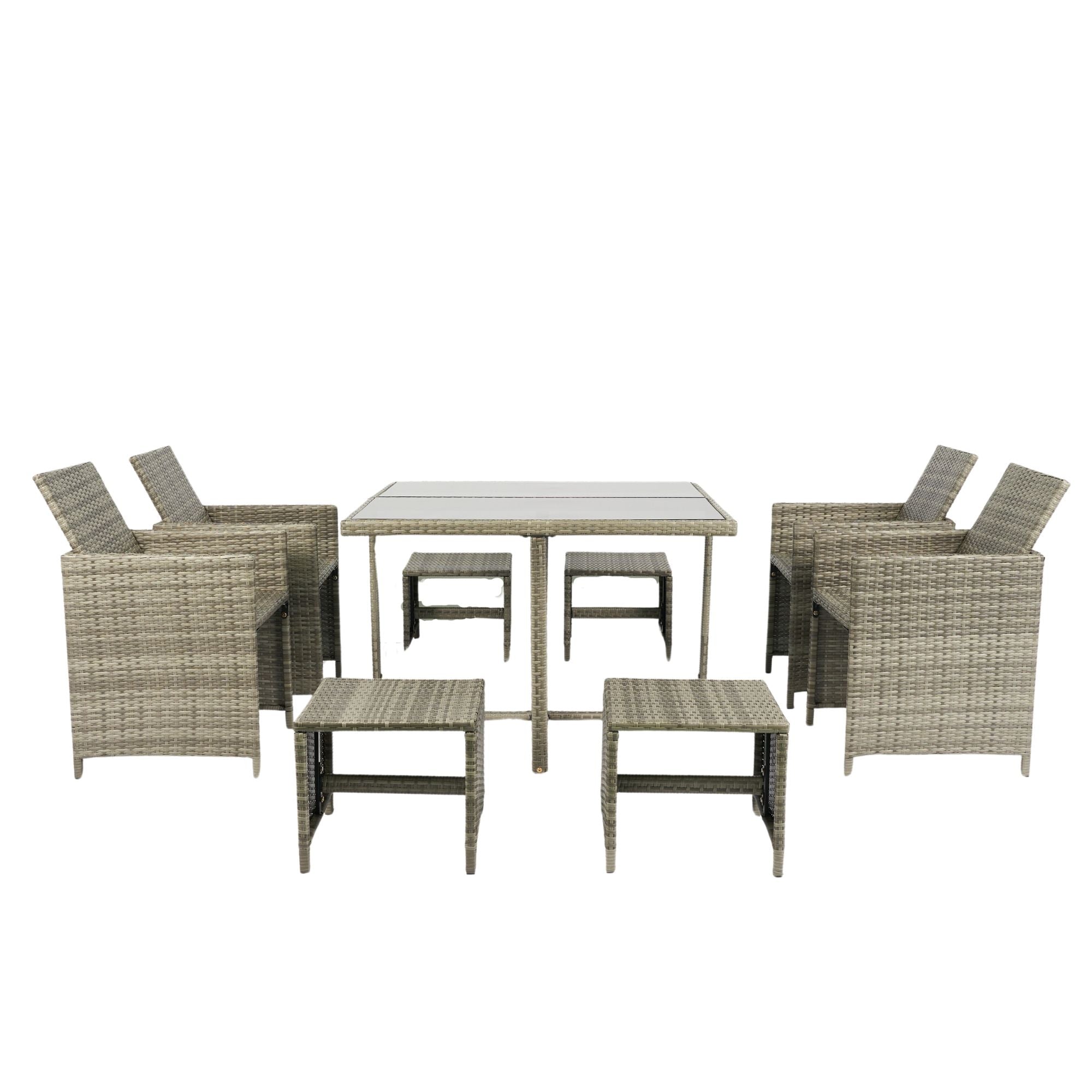 9 Pieces Patio Dining Sets Outdoor Space Saving Rattan Chairs With Glass Table Patio Furniture Sets Cushioned Seating And Back Sectional Conversation Set Wicker And Cushion - Gray