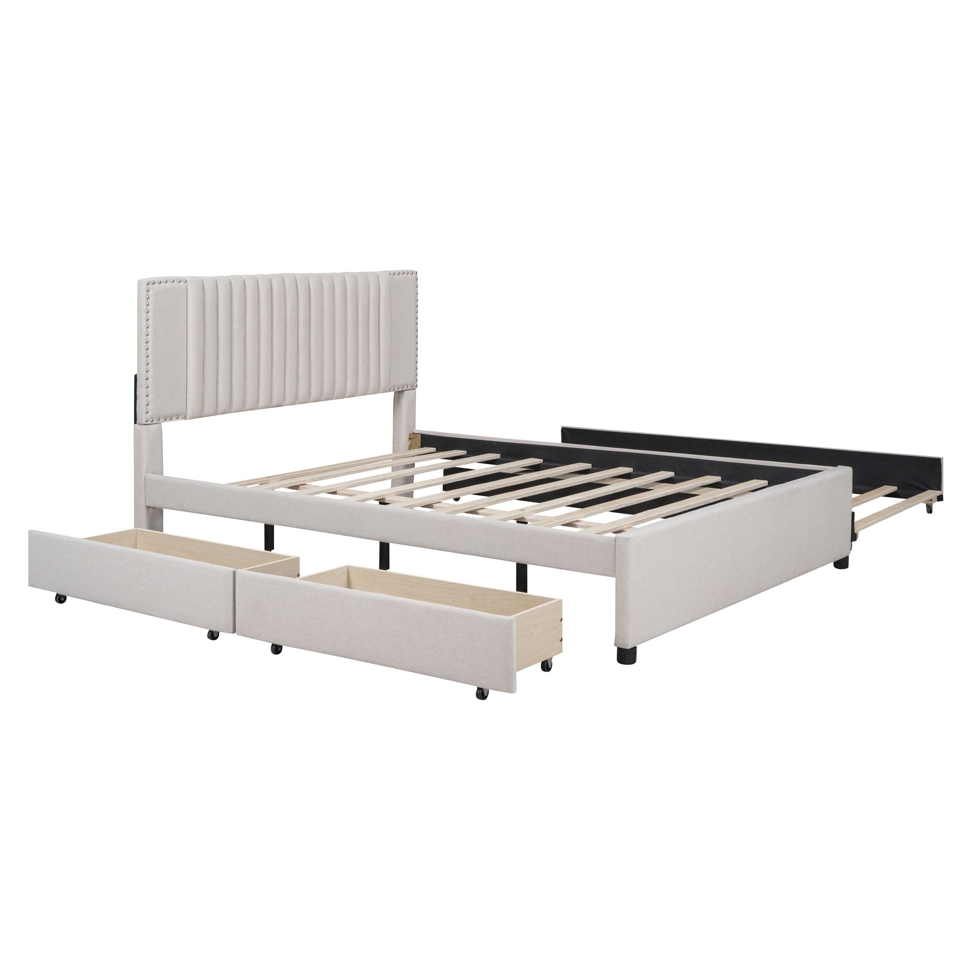 Upholstered Platform Bed With 2 Drawers And 1 Trundle, Classic Headboard Design