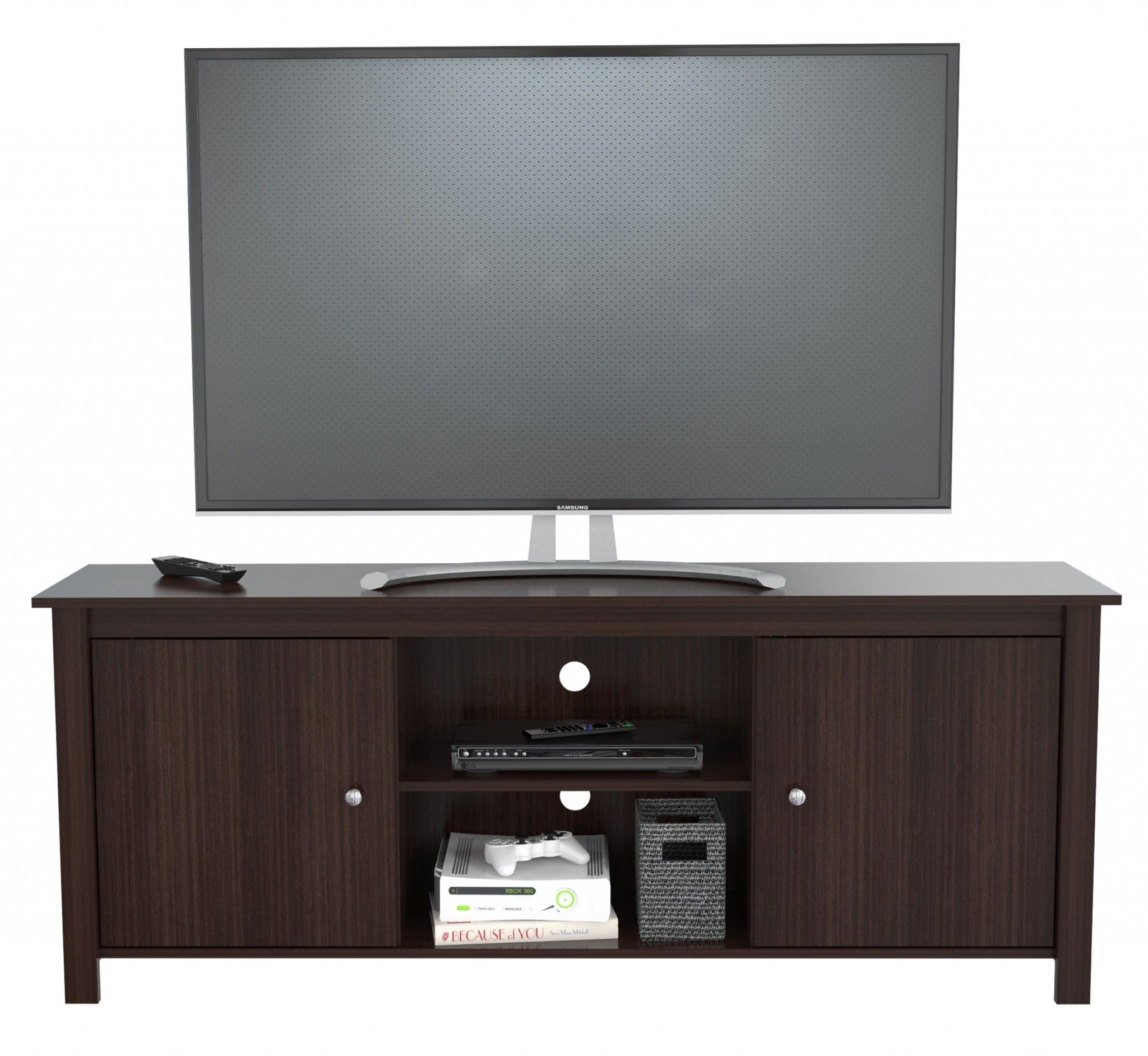 Wood And Metal Cabinet Enclosed Storage Mirrored TV Stand - Dark Brown