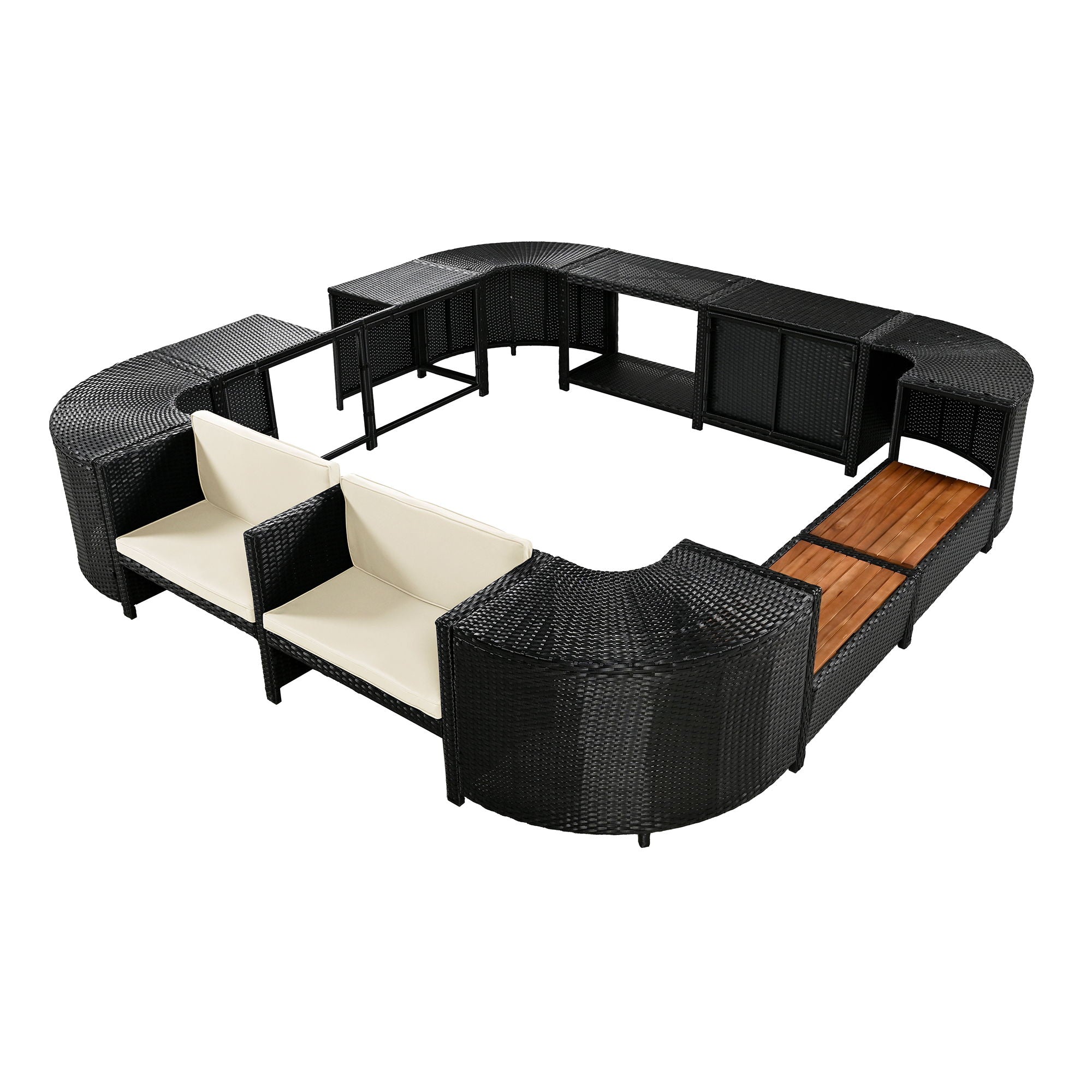 Spa Surround Spa Frame Quadrilateral Outdoor Rattan Sectional Sofa Set With Mini Sofa, Wooden Seats And Storage Spaces