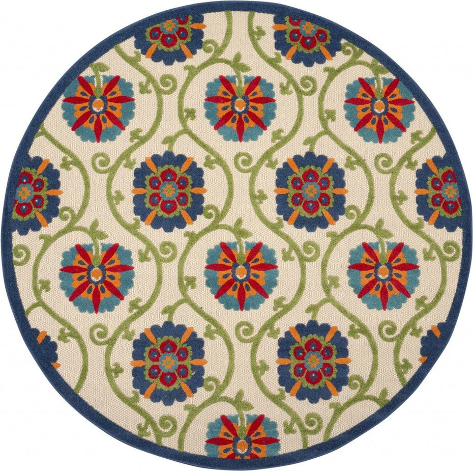 8' Round Round Floral Outdoor / Indoor Area Rug - Ivory / Blue