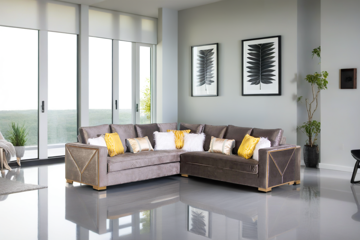3 Piece Sectional Sofa with Gold Trim and Plush Accent Pillows by Sara Collections | Bel Furniture