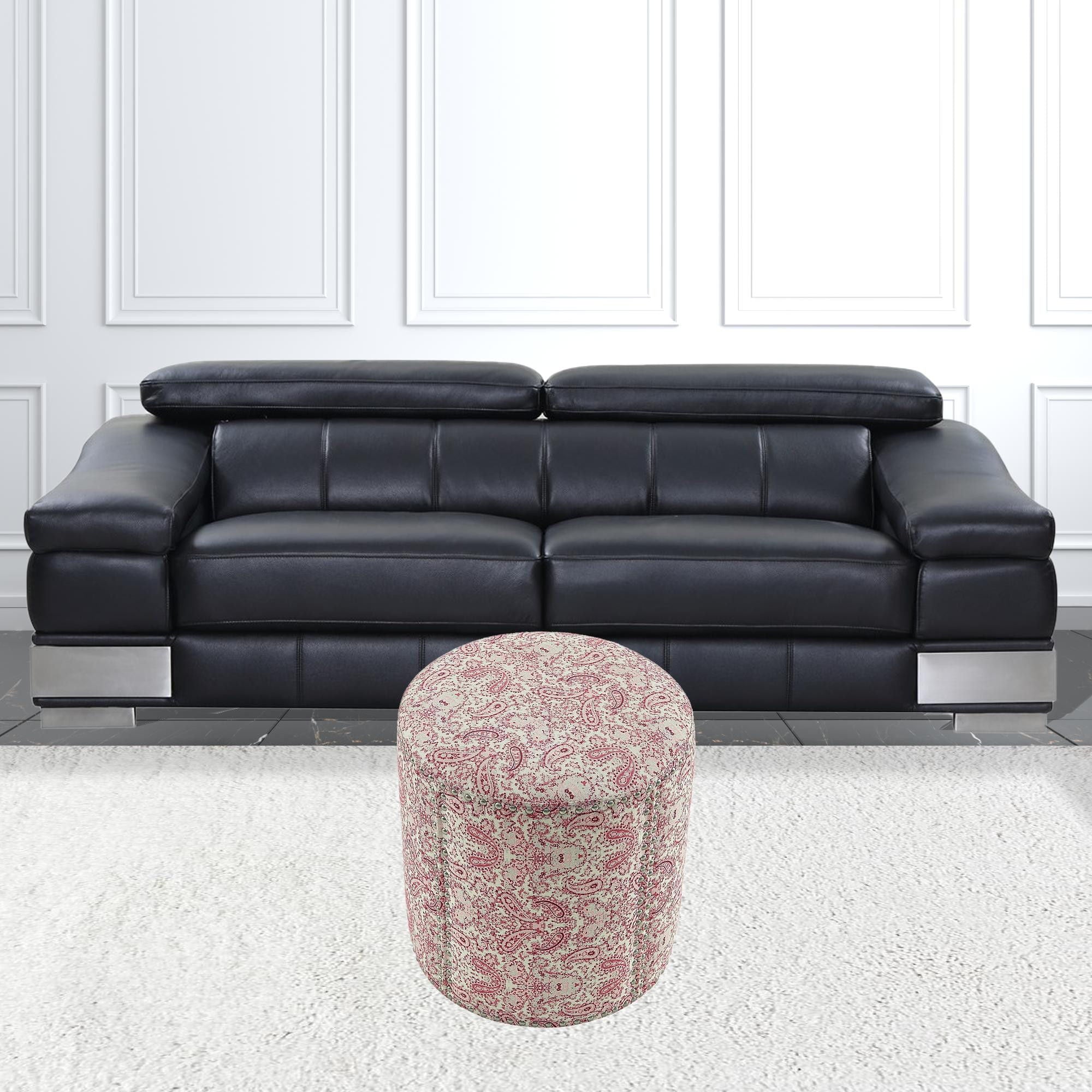 Linen Round Floral Ottoman - Red