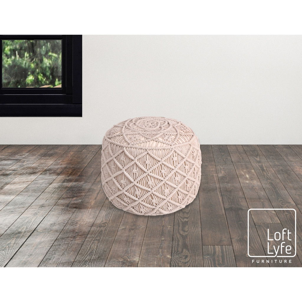 Cotton Blend Round Floral Pouf Ottoman - Ivory