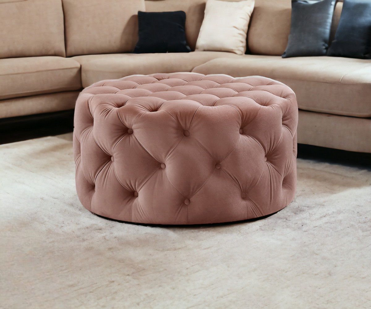 Velvet Rolling Tufted Round Cocktail Ottoman - Blush