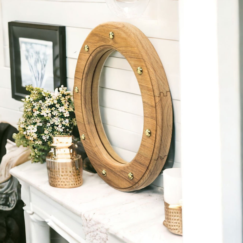 11" Round Wall Mounted Teak Wood Mirror With Nautical Rivets - Silver