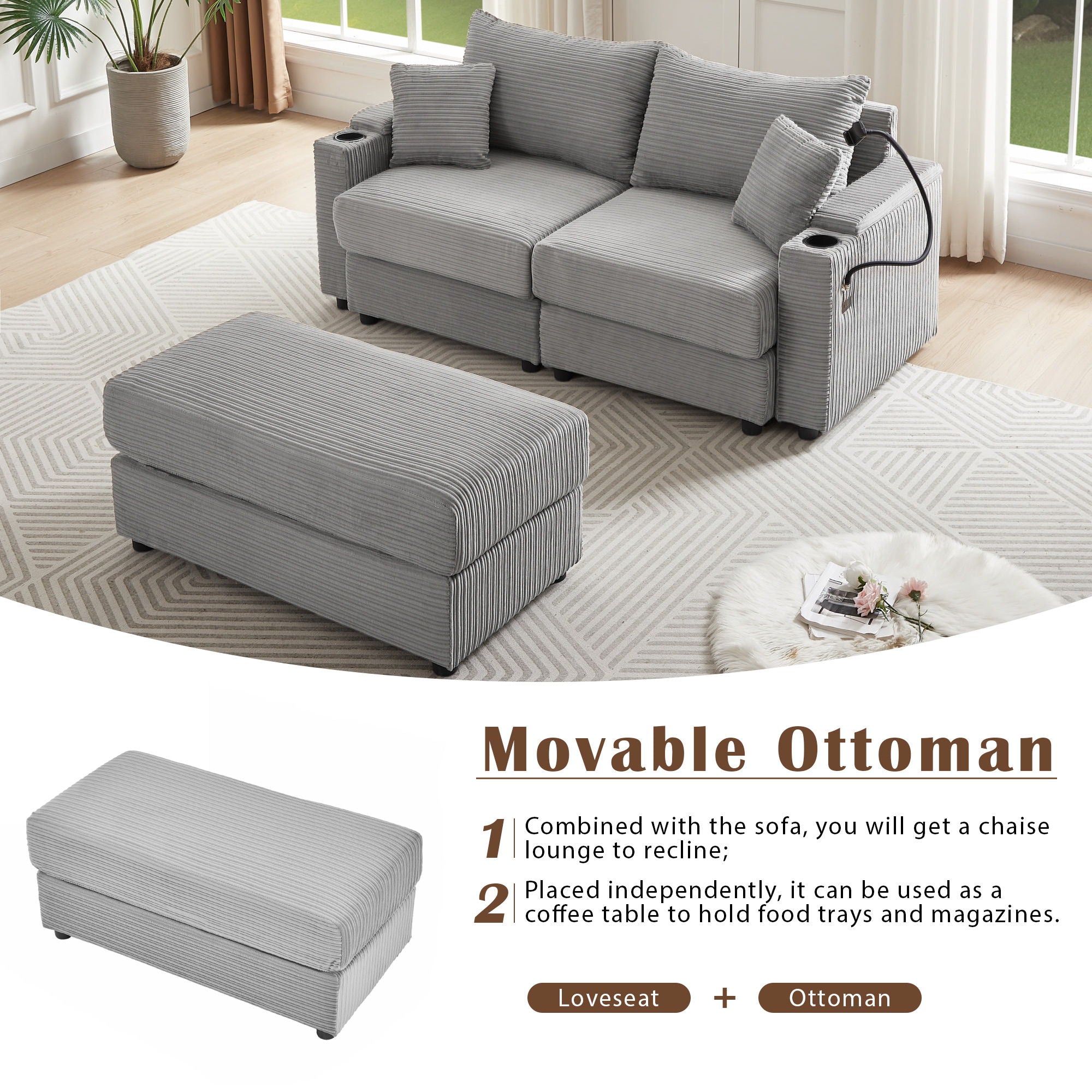 Modern Style Loveseat Sofa Sectional Sofa Couch With Storage Space, A Movable Ottoman, Two USB Ports, Two Cup Holders, A Phone Holder For Living Room