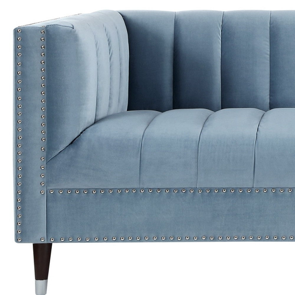 Velvet Sofa With Espresso Legs - Slate Blue