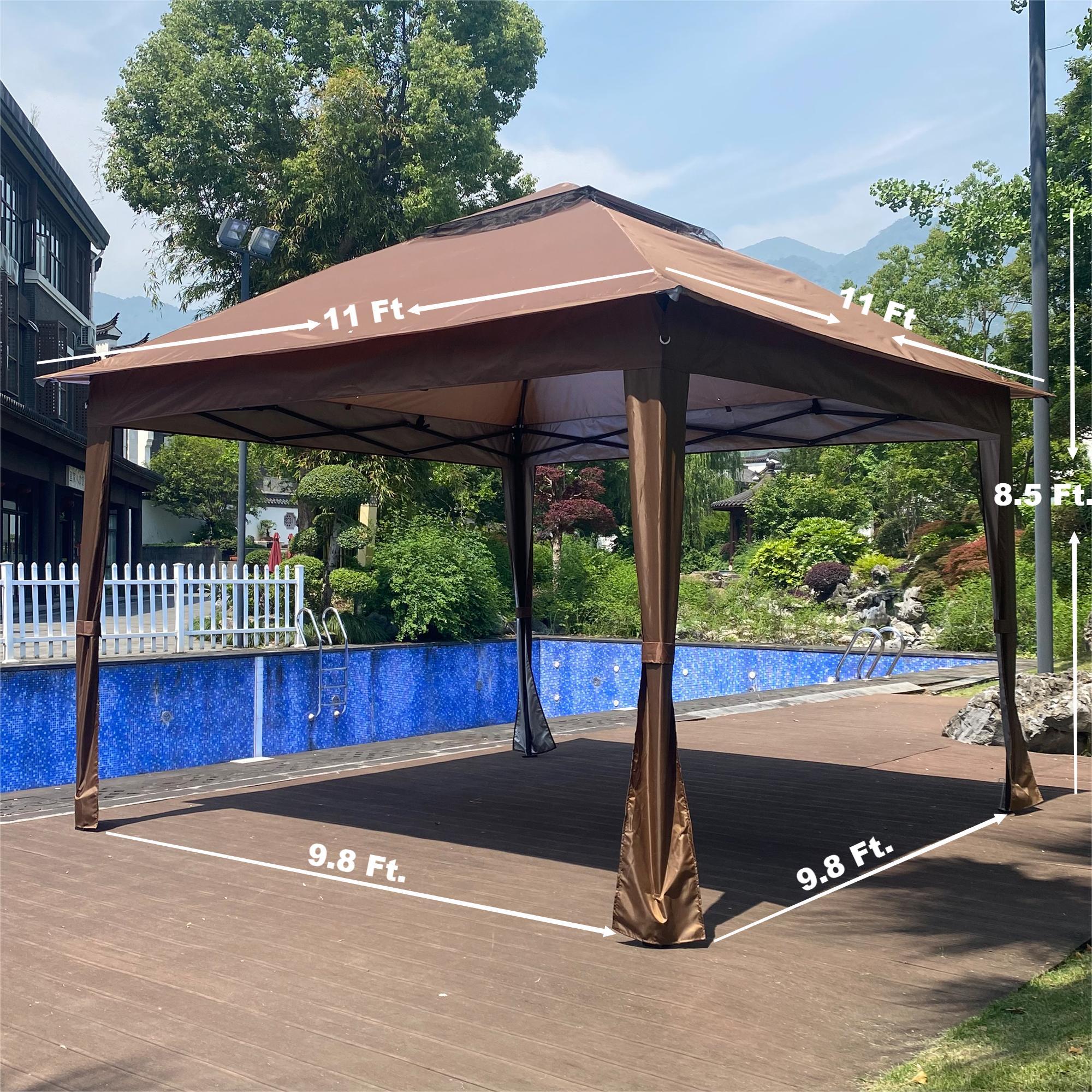 Outdoor 11X 11Ft Pop Up Gazebo Canopy With Removable Zipper Netting, 2 Tier Soft Top Event Tent, Suitable For Patio Backyard Garden Camping Area With 4 Sandbags - Brown