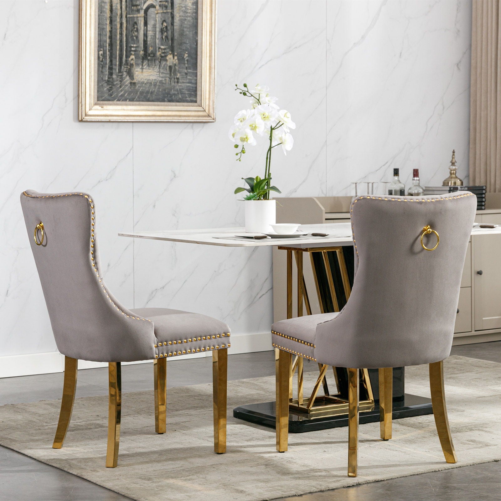 Nikki - Modern, High-End Tufted Solid Wood Contemporary Velvet Upholstered Dining Chair With Golden Stainless Steel Plating Legs, Nailhead Trim (Set of 2)