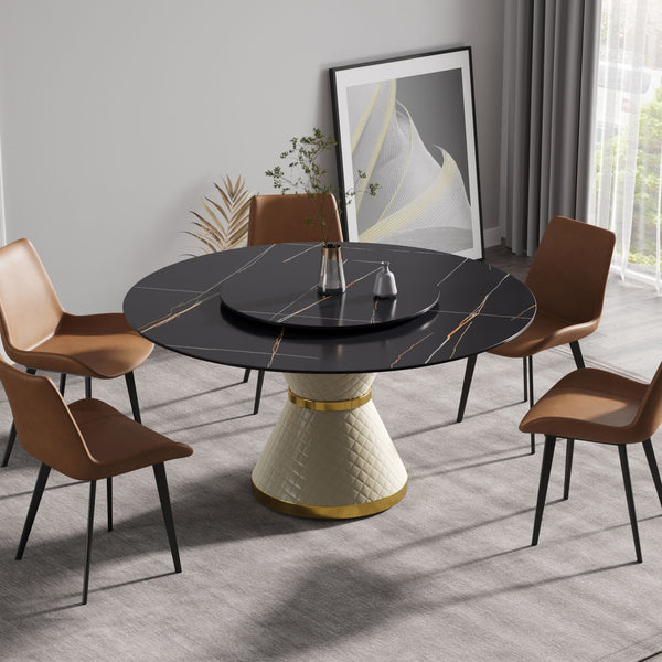 59.05" Modern Artificial Stone Round Carbon Steel Base Dining Table, Can Accommodate 6 People, Artificial Stone Turntable - White / Black