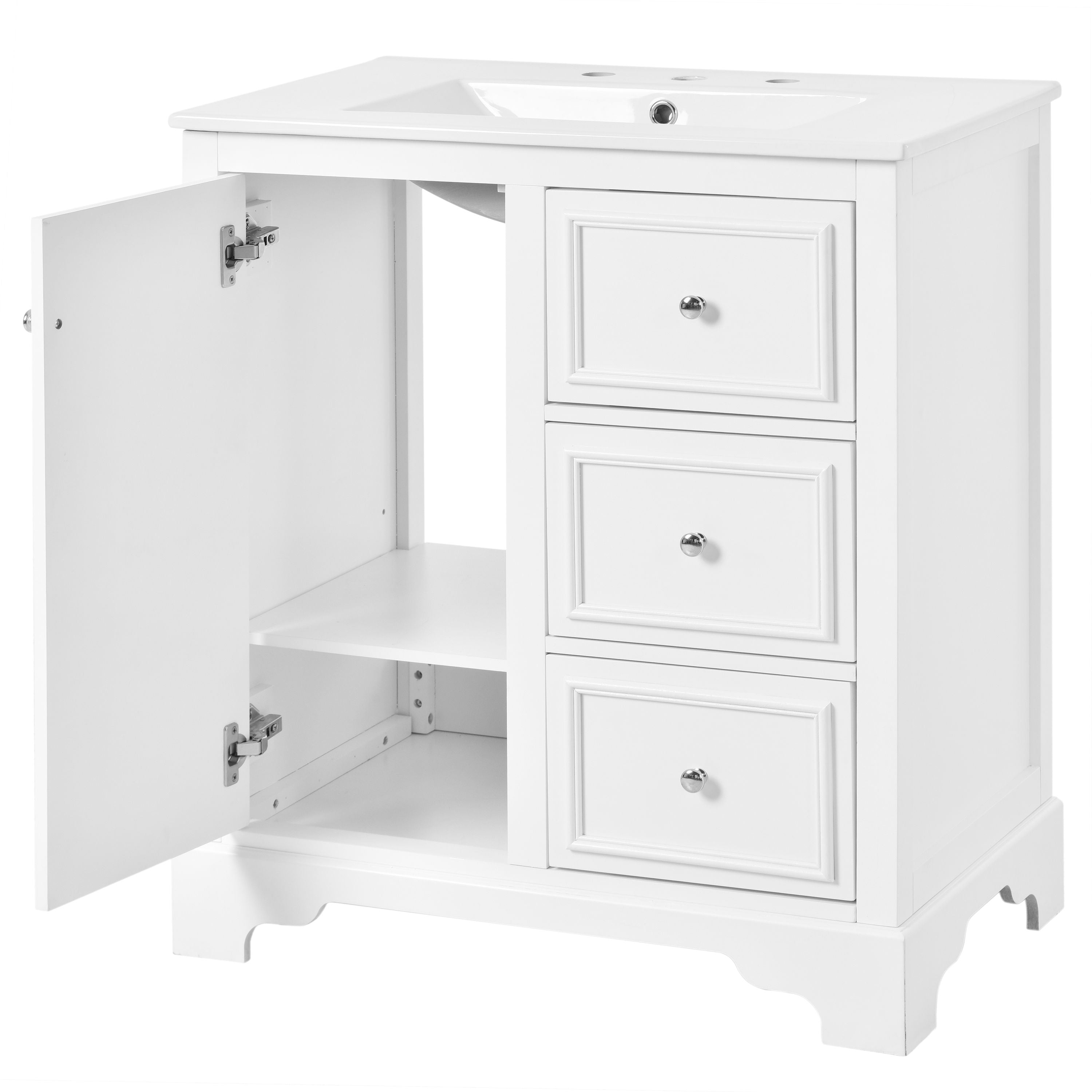 Bathroom Vanity Cabinet With Ceramic Basin, 3 Drawers And Adjustable Shelves