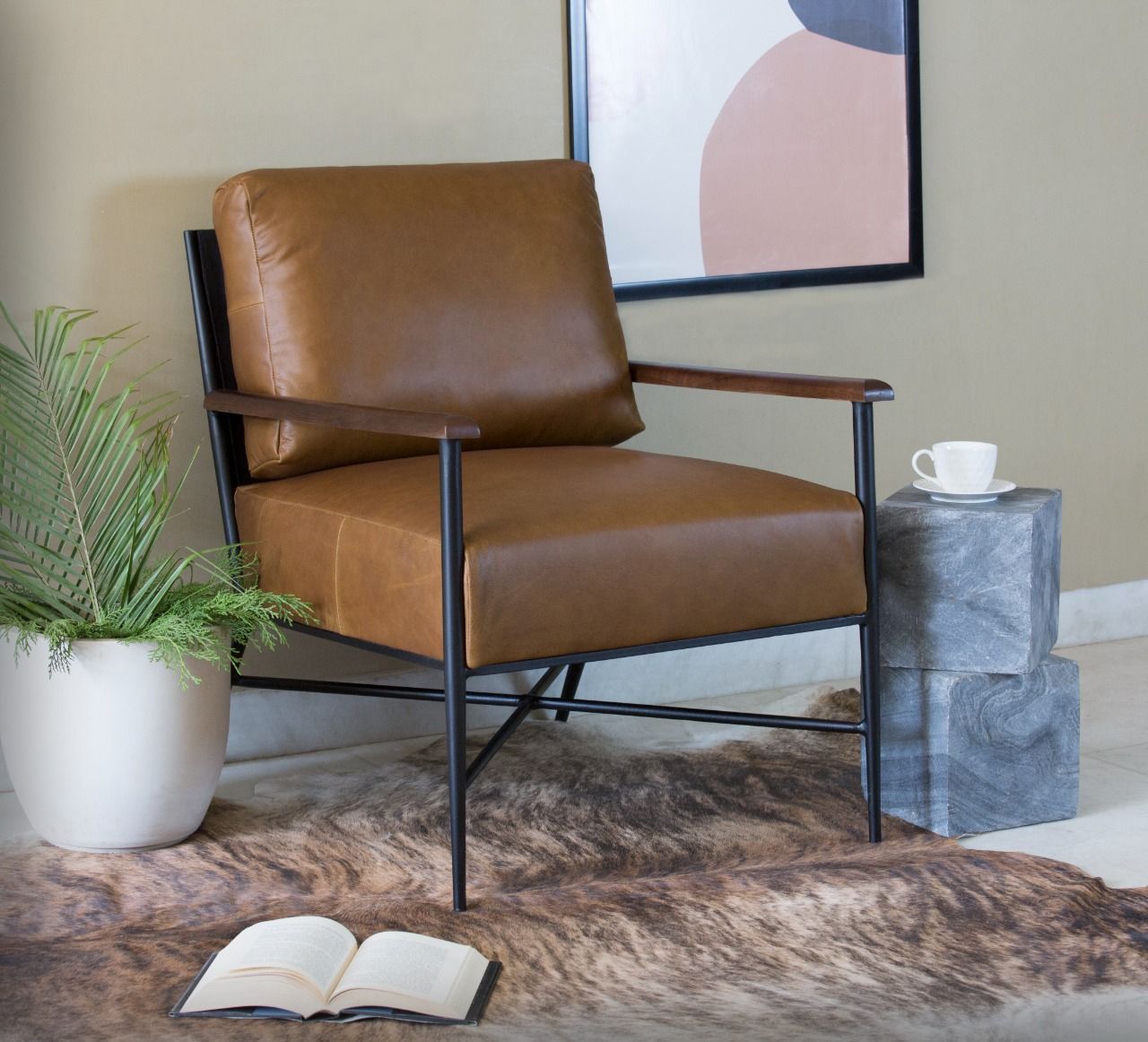 Top Grain Leather And Black Solid Color Arm Chair - Brown