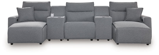 Modmax - Salt And Pepper - Reclining Sectional Gray 5 Pc. Double Chaise Power Reclining Sectional With 2 Storage Consoles by Signature Design by Ashley® | Bel Furniture
