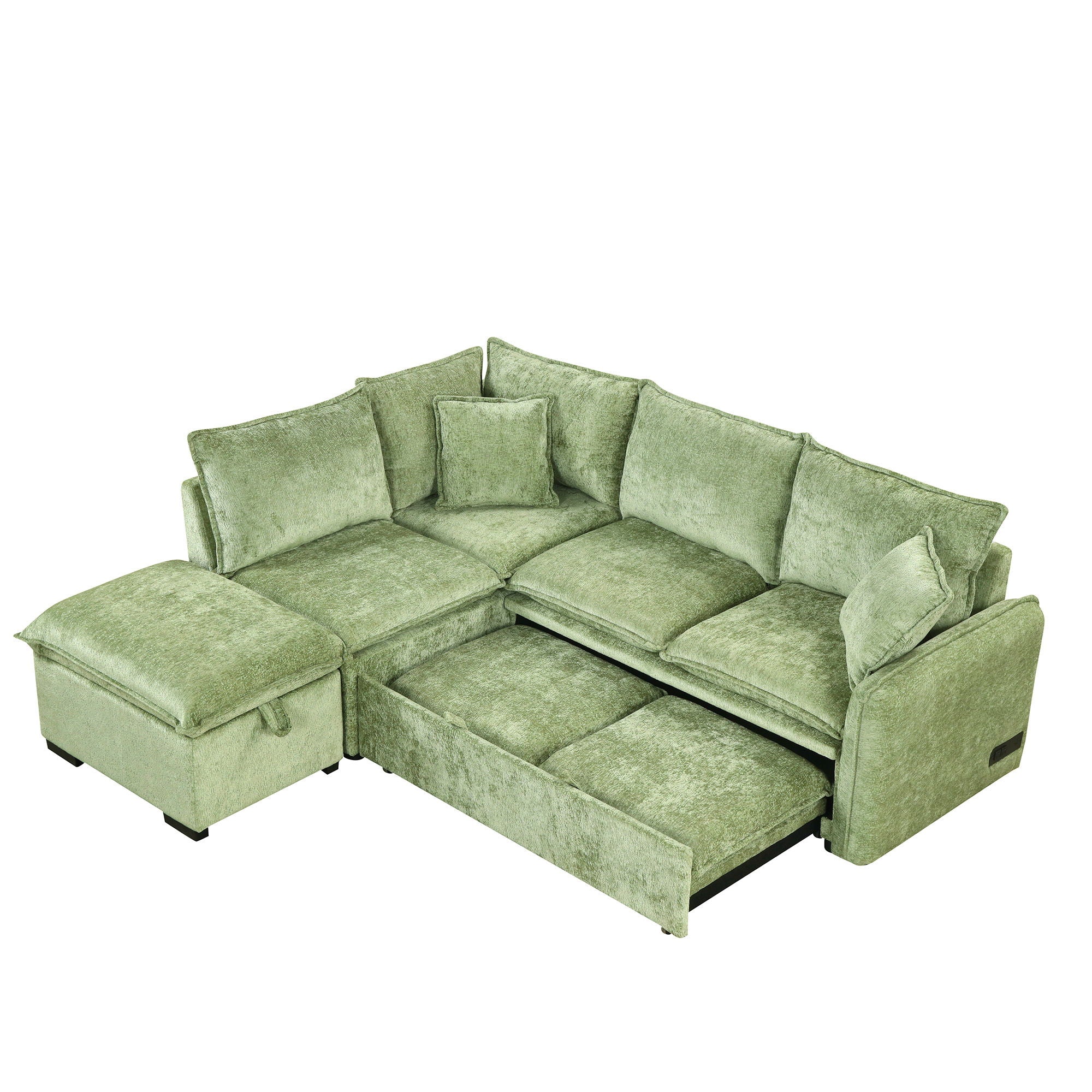 Convertible Sofa Bed Sectional Sofa Sleeper L-Shaped Sofa With A Storage Ottoman, Two Pillows, Two Power Sockets And Two USB Ports For Living Room