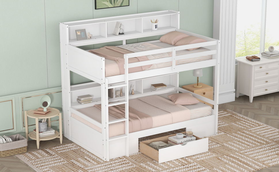 Twin Size Bunk Bed With Built-In Shelves Beside Both Upper And Down Bed And Storage Drawer