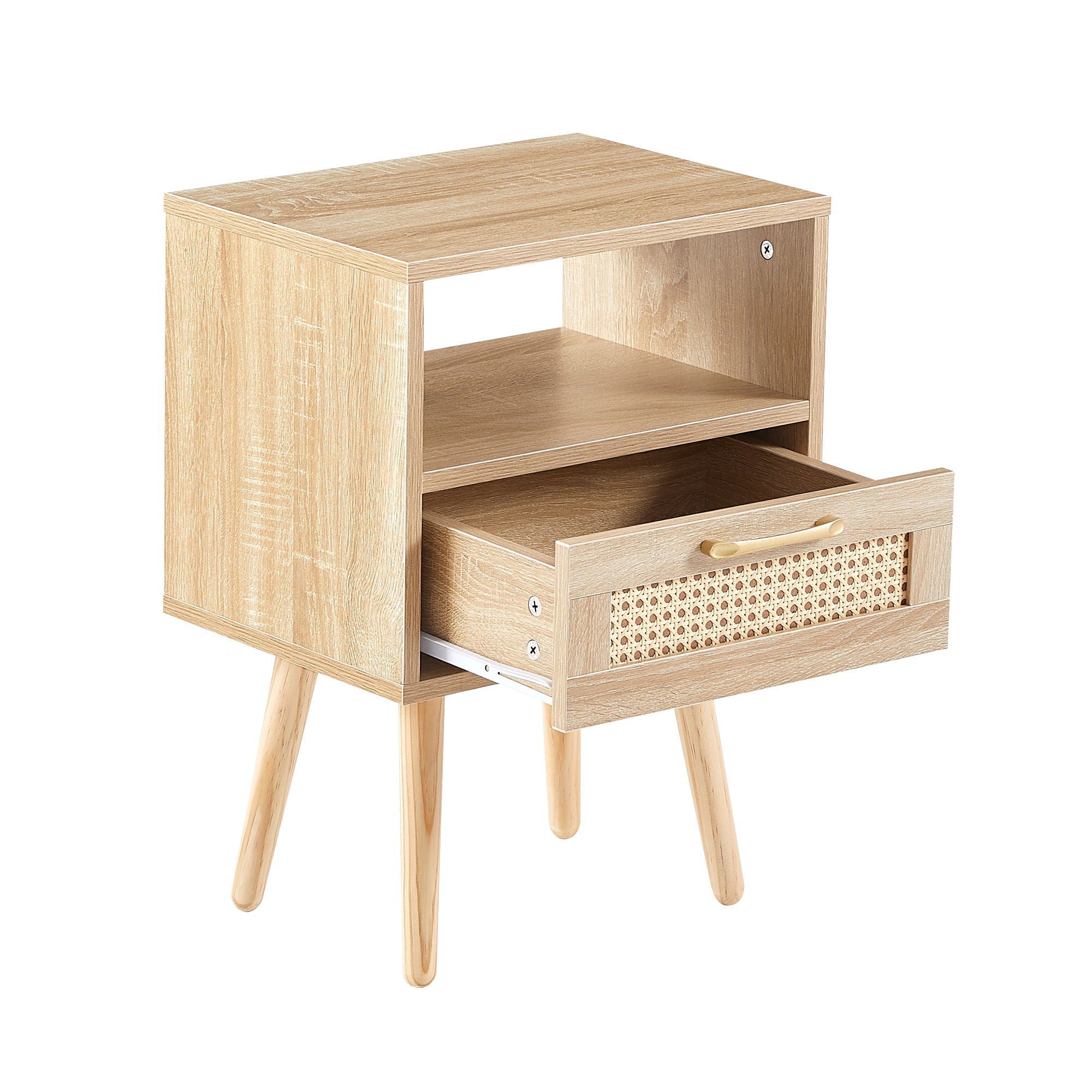 15.75" Rattan End Table With Drawer And Solid Wood Legs, Modern Nightstand, Side Table For Living Room, Bedroom