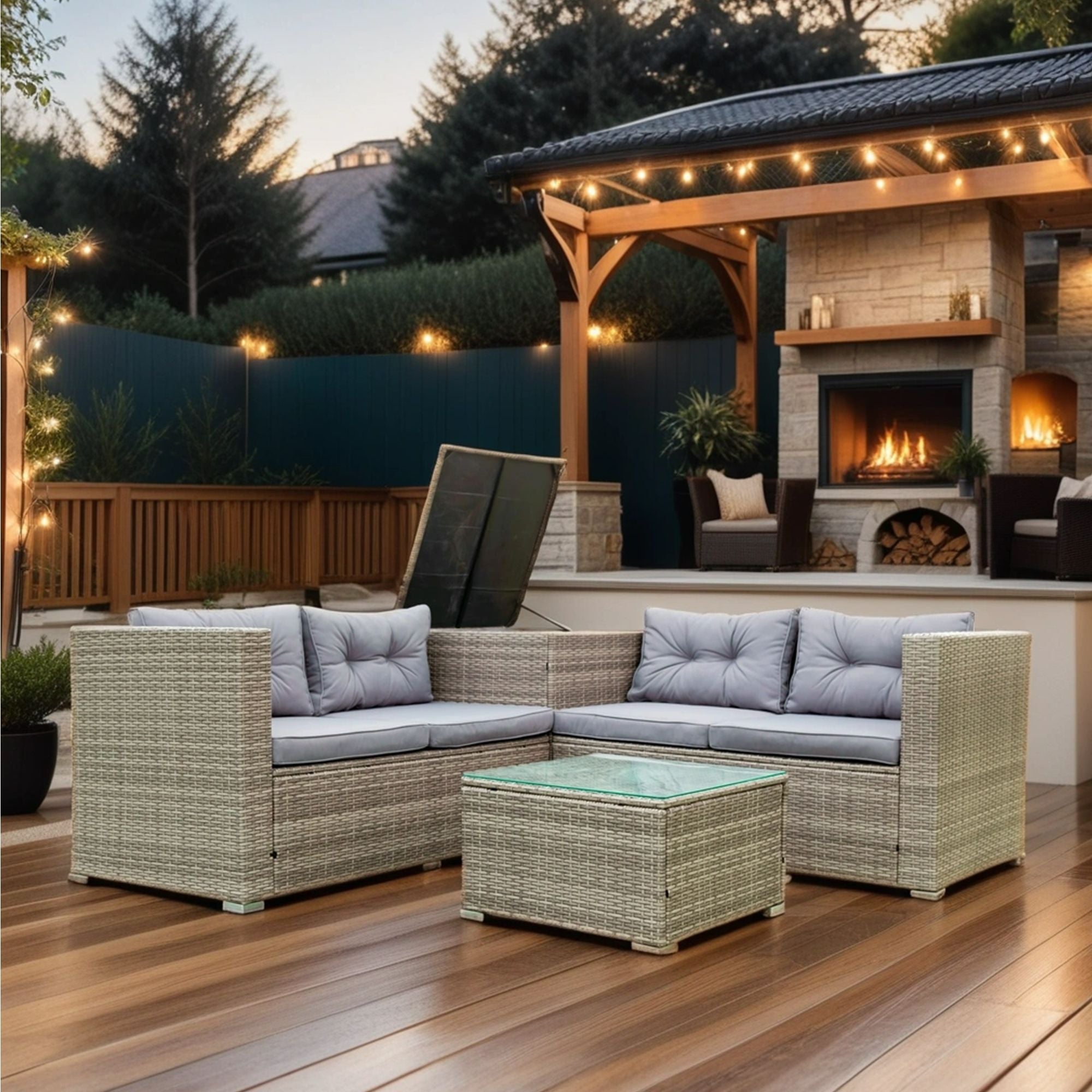 4 Piece Patio Sectional Wicker Rattan Outdoor Furniture Sofa Set With Storage Box - Gray