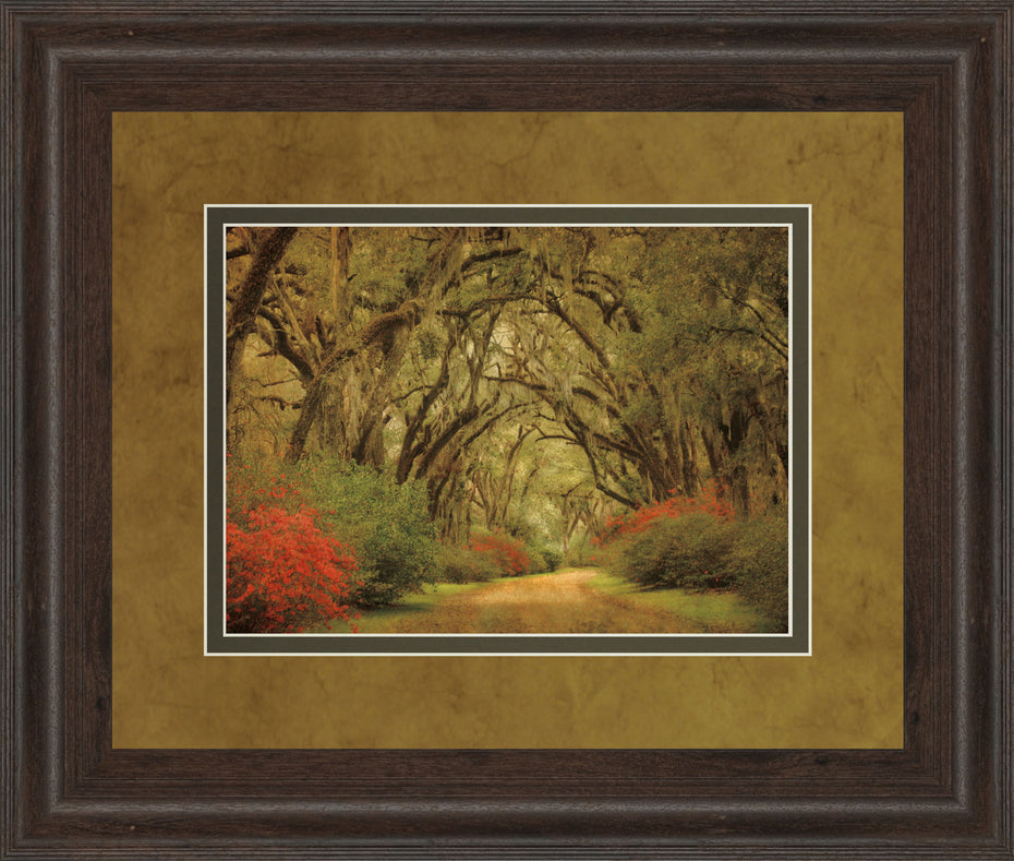 Road Lined With Oaks & Flowers By William Guion And Mossy Oak Native Living - Framed Print Wall Art - Green