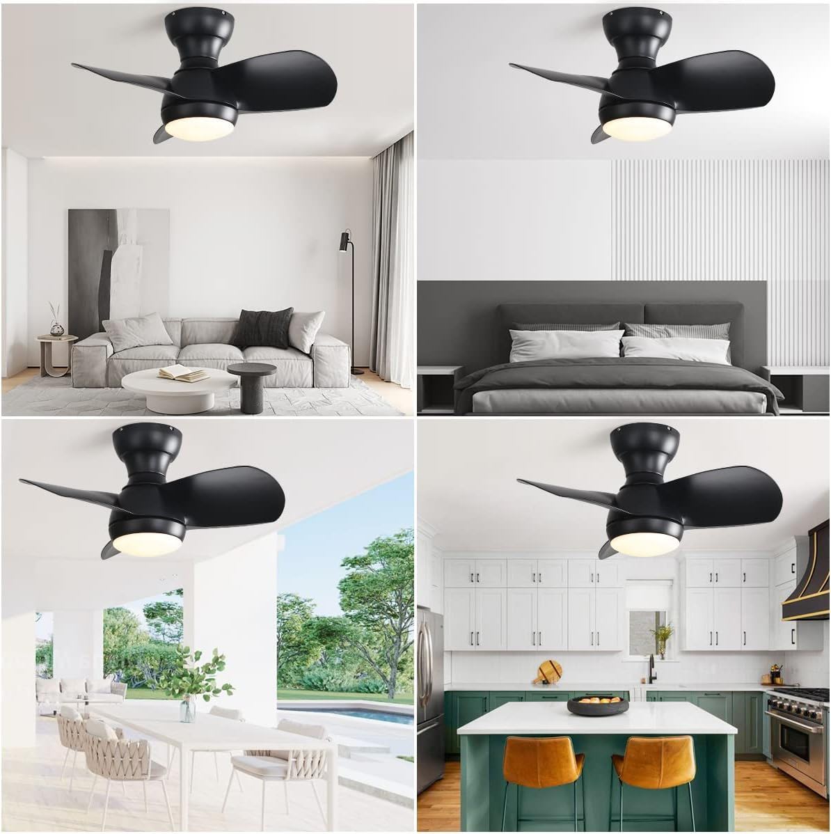 23" Bedroom Ceiling Fan With 3 Color Dimmable 3 ABS Blades Remote Control Dc Motor Black With 18W Led Light