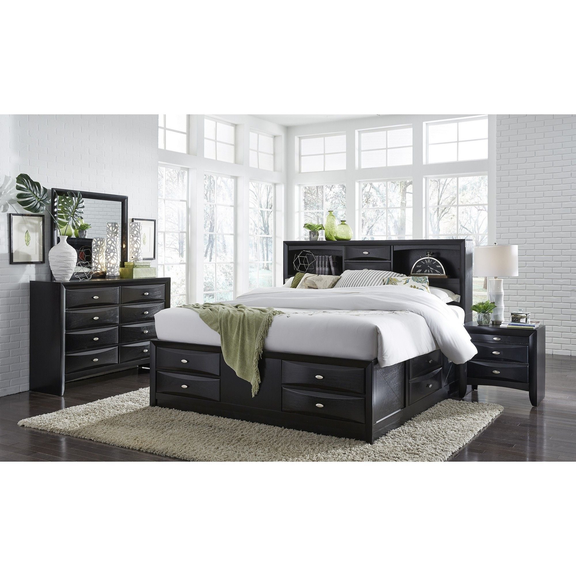 Solid Wood Queen Eight Drawers Bed - Black