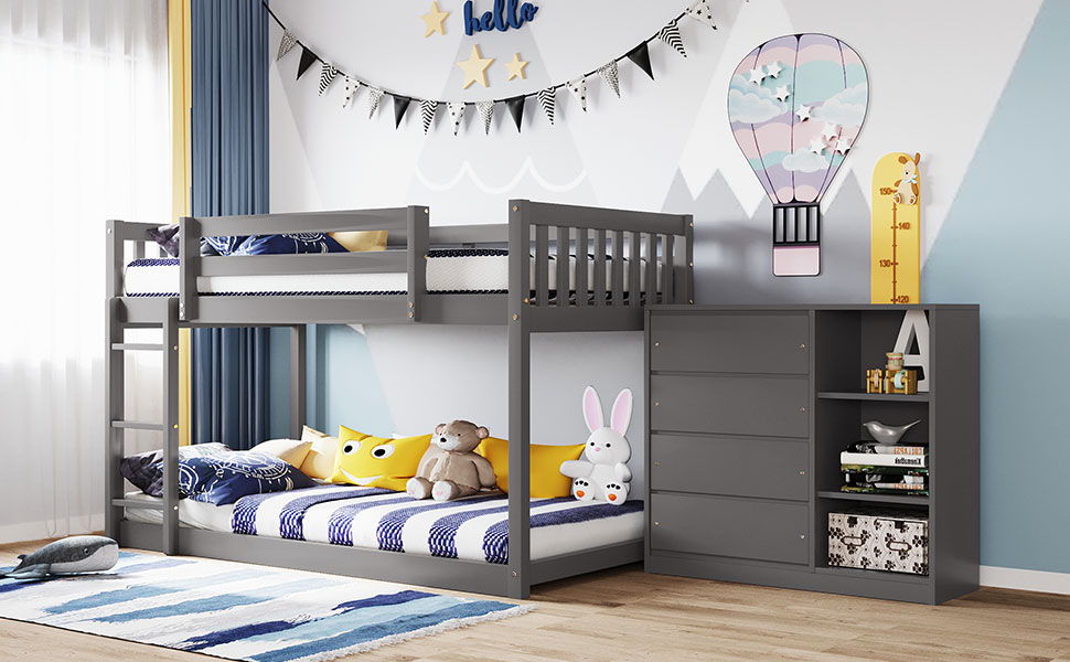 Twin Over Twin Bunk Bed With 4 Drawers And 3 Shelves