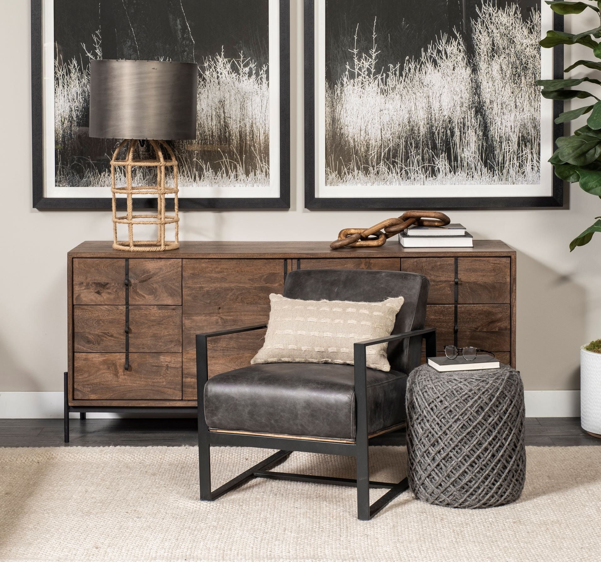 Wool Cylindrical Pouf With Diamond Pattern - Dark Gray