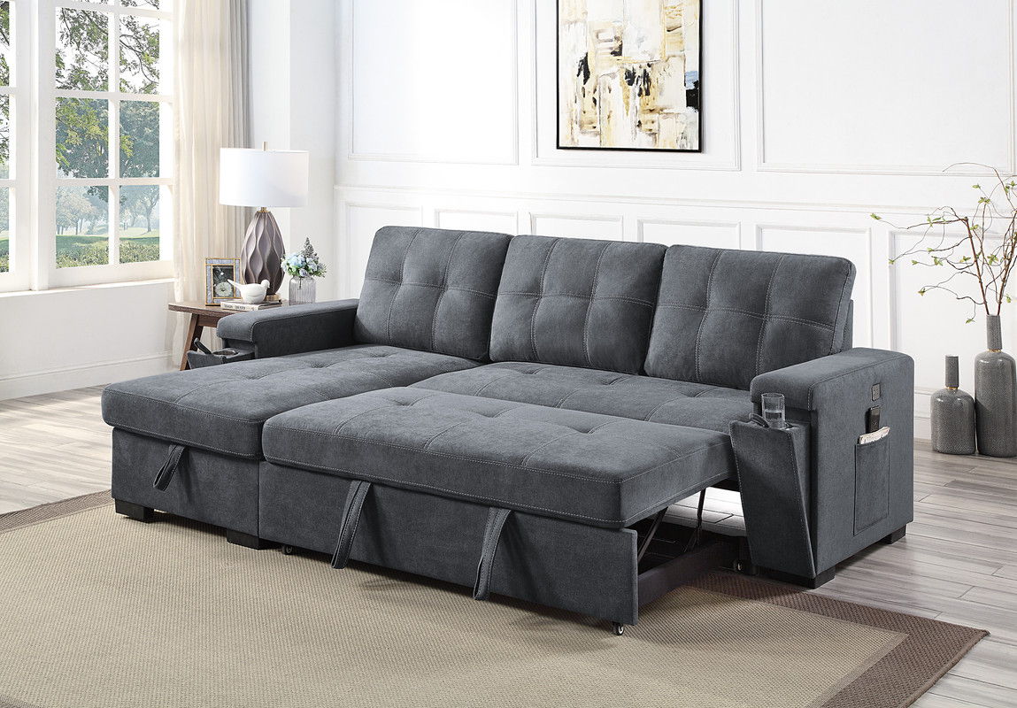 Toby - Woven Fabric Reversible Sleeper Sectional Sofa With Storage Chaise Cup Holder Charging Ports And Pockets by Lilola Home | Bel Furniture