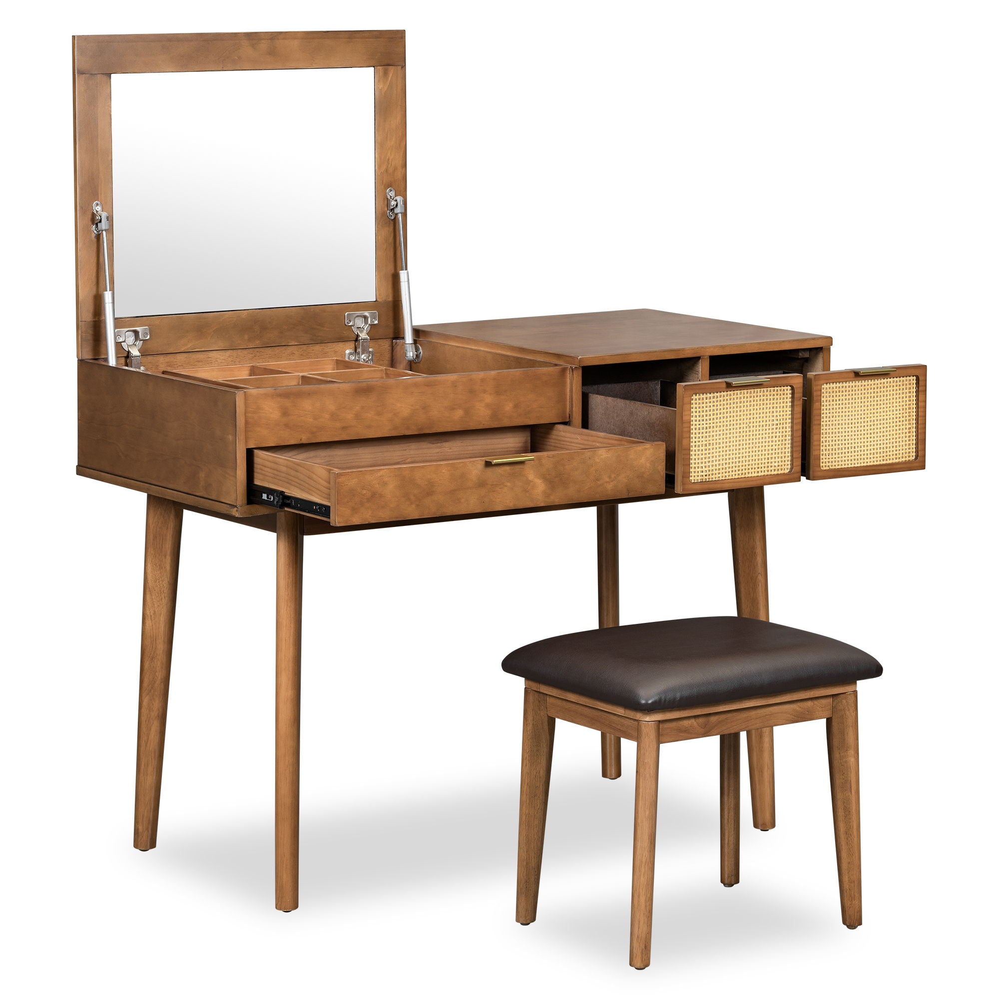 Classic Wood Makeup Vanity Set With Flip-Top Mirror And Stool, Dressing Table With Three Drawers And Storage Space