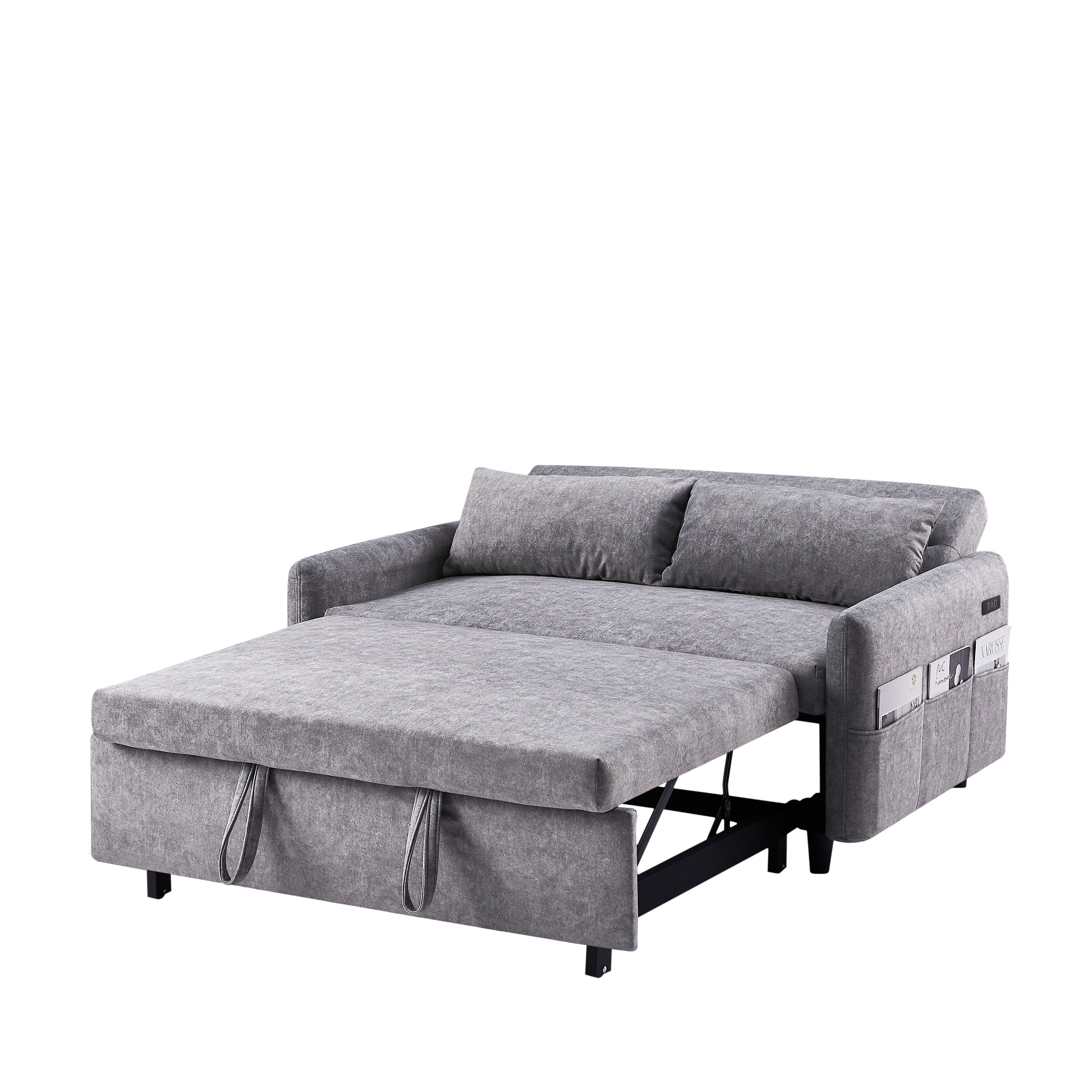 Pull Out Sleep Sofa Bed Loveseats Sofa Couch With Adjsutable Backrest, Storage Pockets, 2 Soft Pillows, USB Ports For Living Room, Bedroom, Apartment, Office