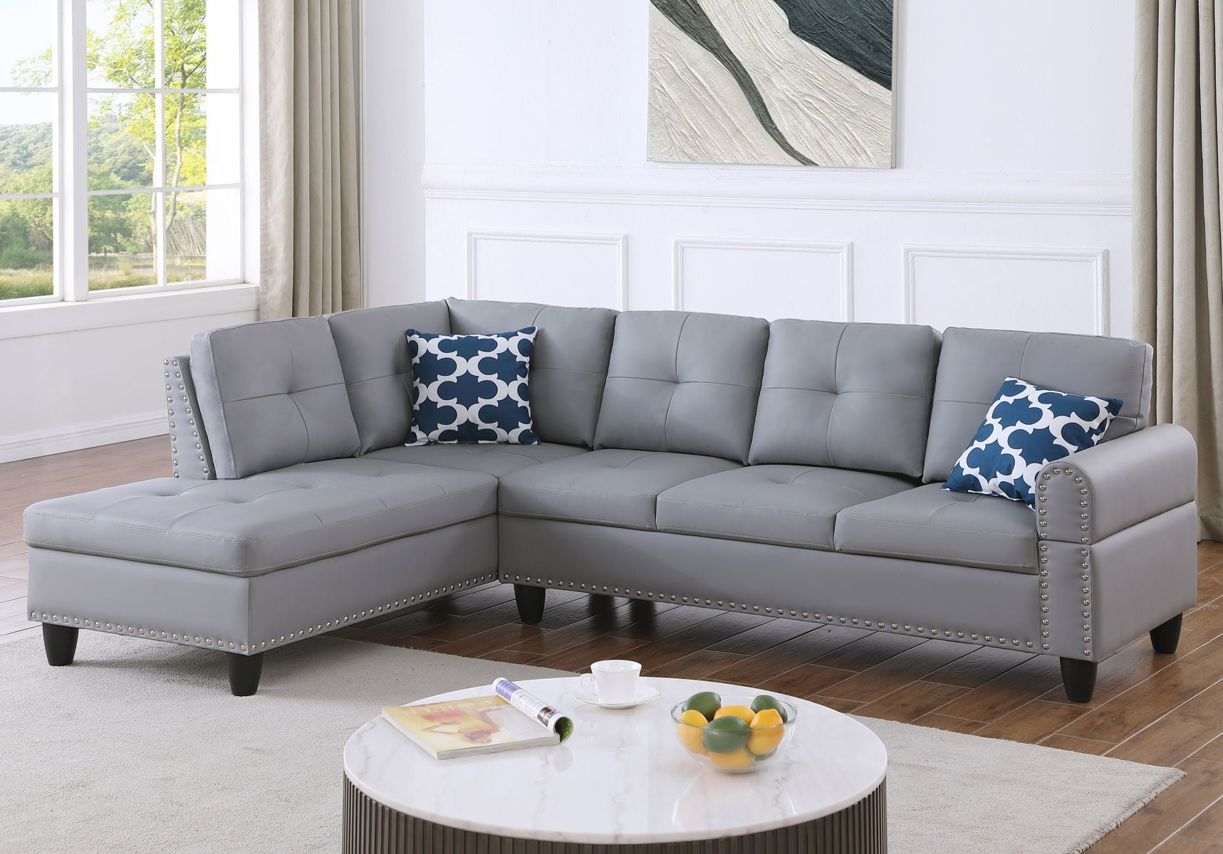 Irine - Faux Leather Sectional Sofa With Ottoman - Gray