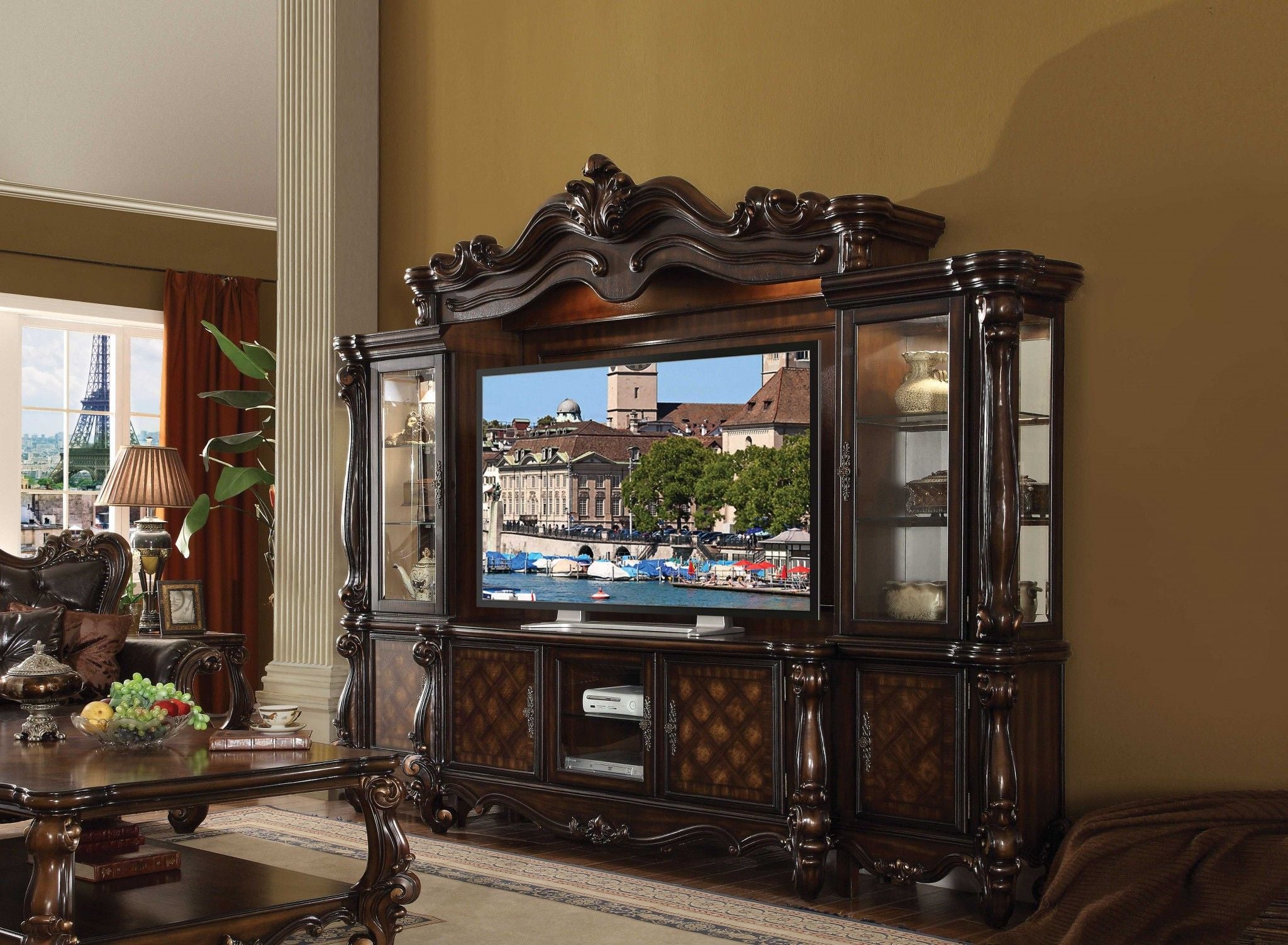 Solid Wood Cabinet Enclosed Storage Entertainment Center - Dark Brown