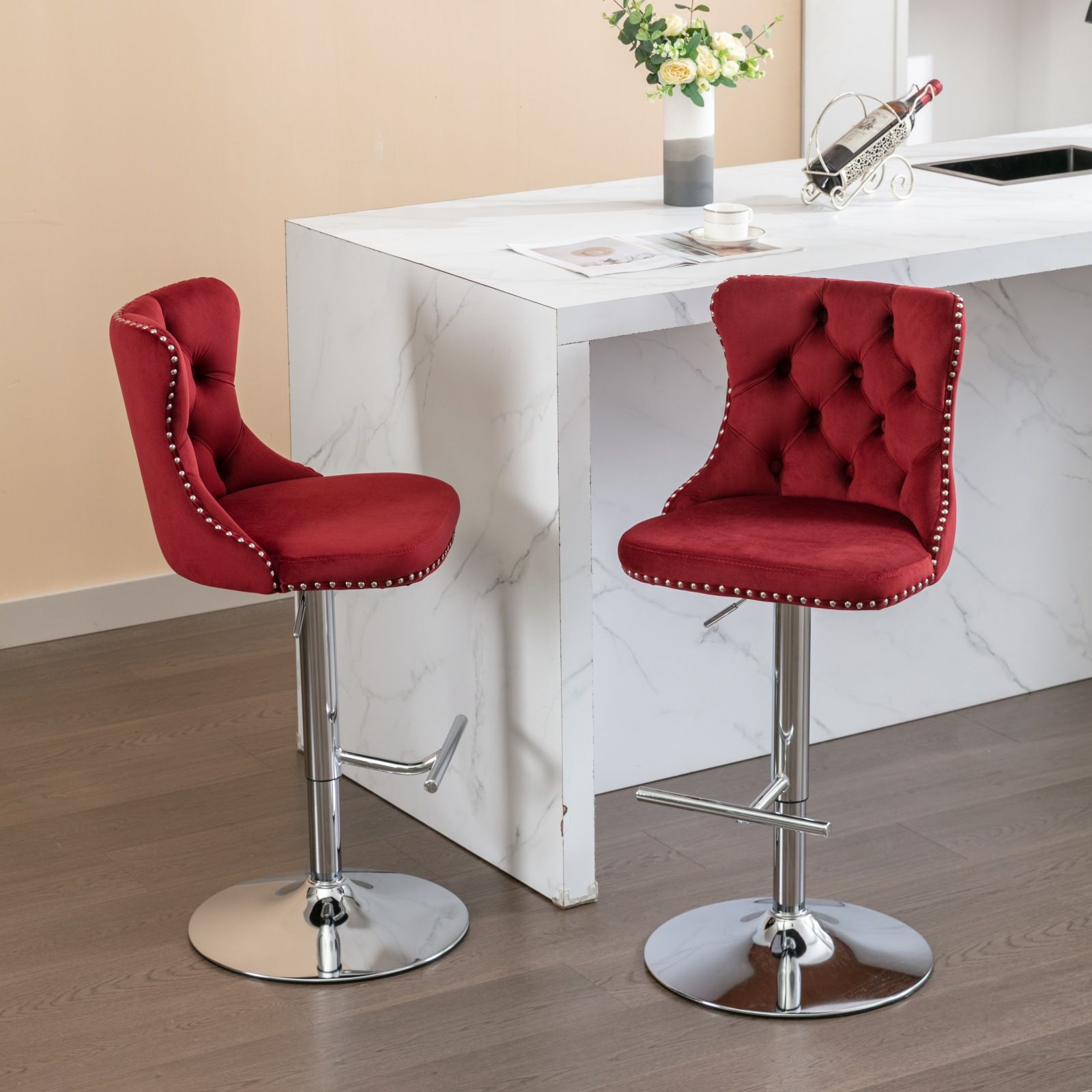 Swivel Velvet Barstools Adjusatble Seat Height From 25-33", Modern Upholstered Chrome Base Bar Stools With Backs Comfortable Tufted For Home Pub And Kitchen Island (Set of 2)