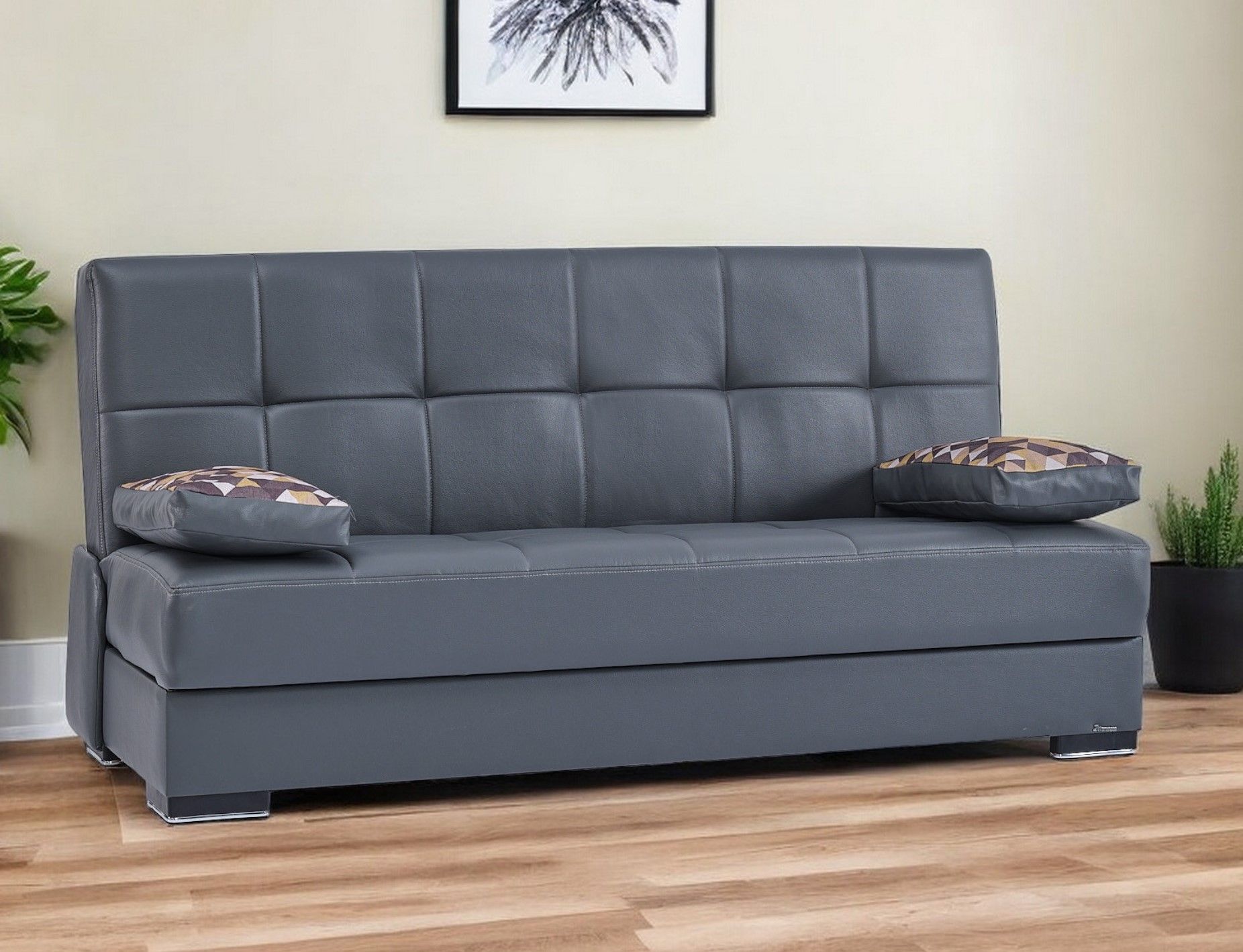 Faux Leather Convertible Futon Sleeper Sofa And Toss Pillows With Brown Legs - Gray