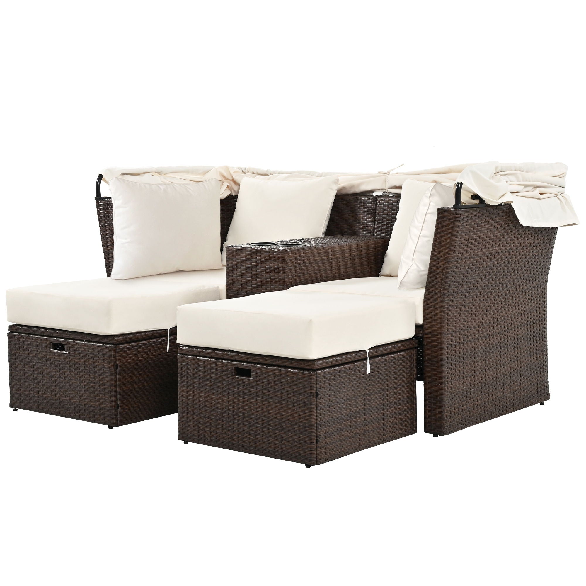 2 Seater Outdoor Patio Daybed Outdoor Double Daybed Outdoor Loveseat Sofa Set With Foldable Awning And Cushions For Garden, Balcony, Poolside