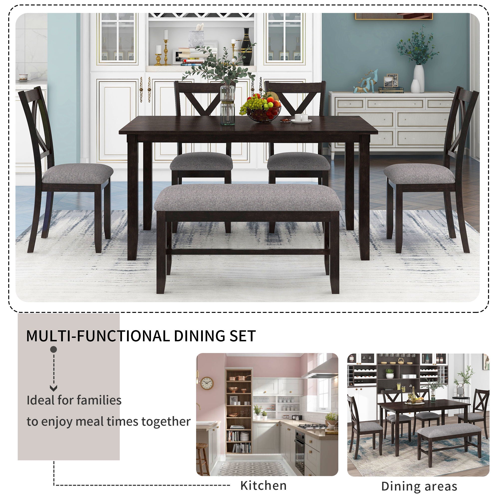 Kitchen Dining Table Set Wooden Rectangular Dining Table, 4 Chairs And Bench Family Furniture