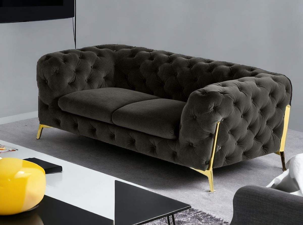 Velour Chesterfield Loveseat - Dark Gray / Gold