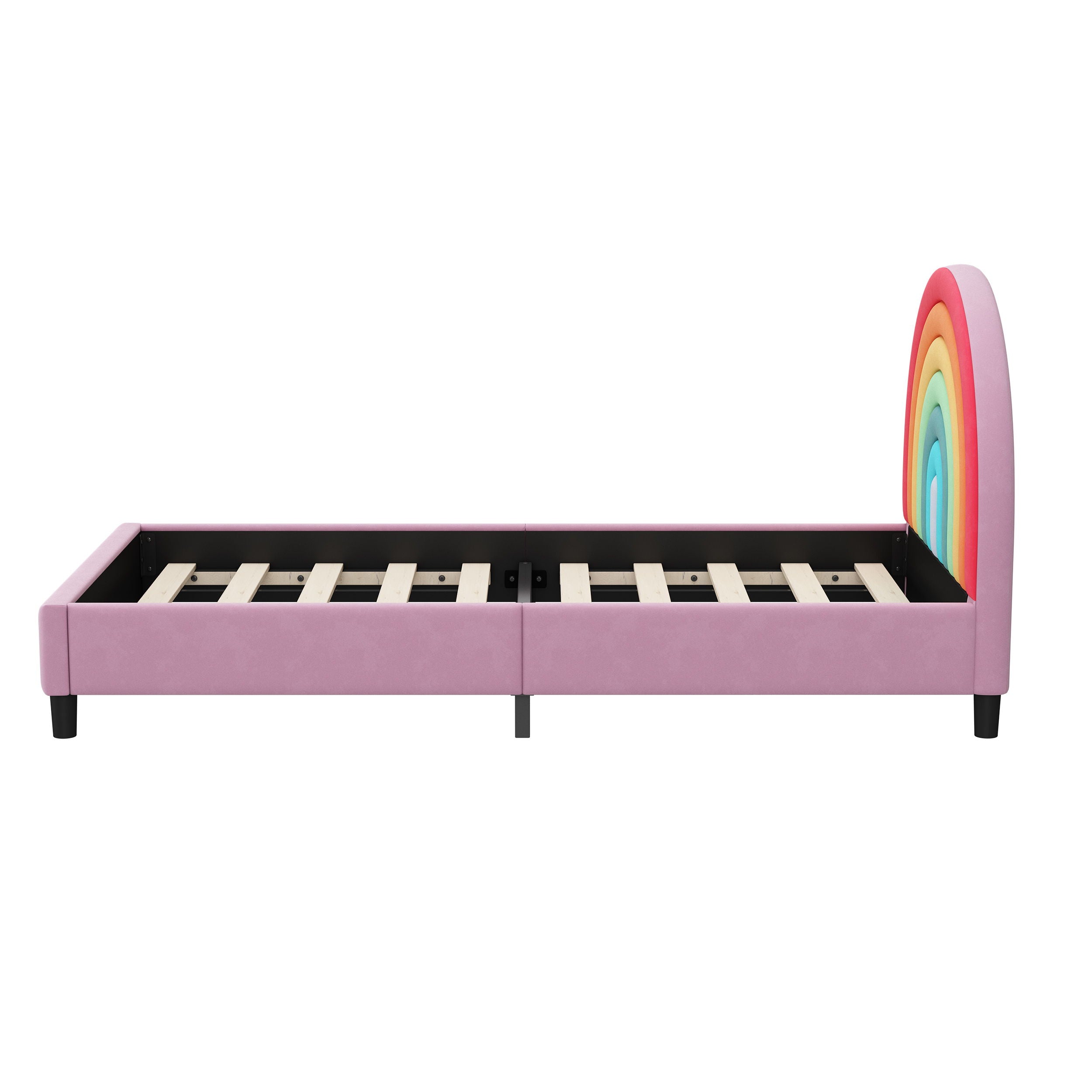 Rainbow Design Upholstered Twin Platform Bed Cute Style Princess Bed For Boys & Girls, Teens - Colorful / Pink