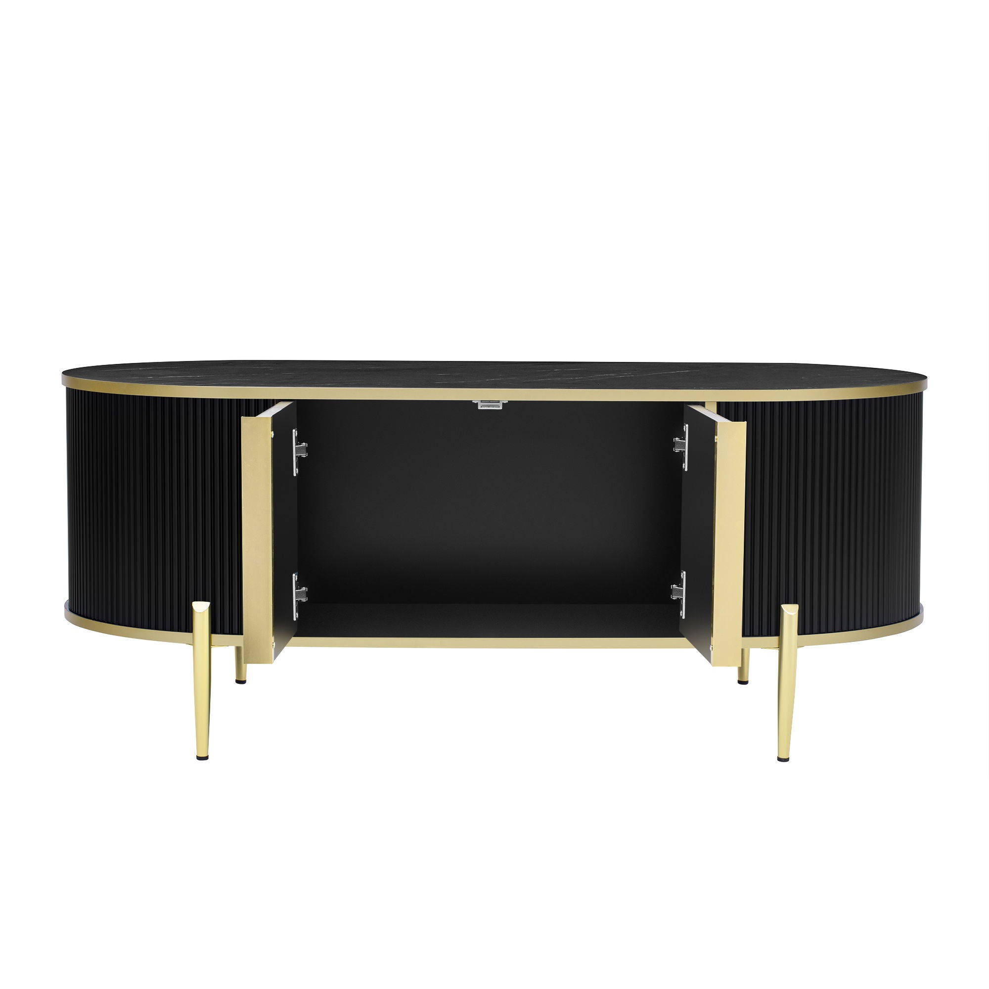 Modern Luxury Oval Shaped Fluted Coffee Table, Marble - Patterned Top Coffee Table With 2 Cabinets, Metal Legs And Handles For Living Room