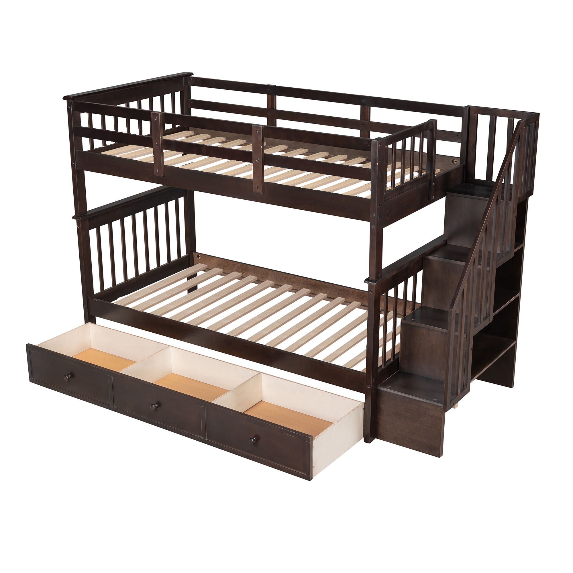 Stairway Twin Over Twin Bunk Bed With Three Drawers For Bedroom, Dorm