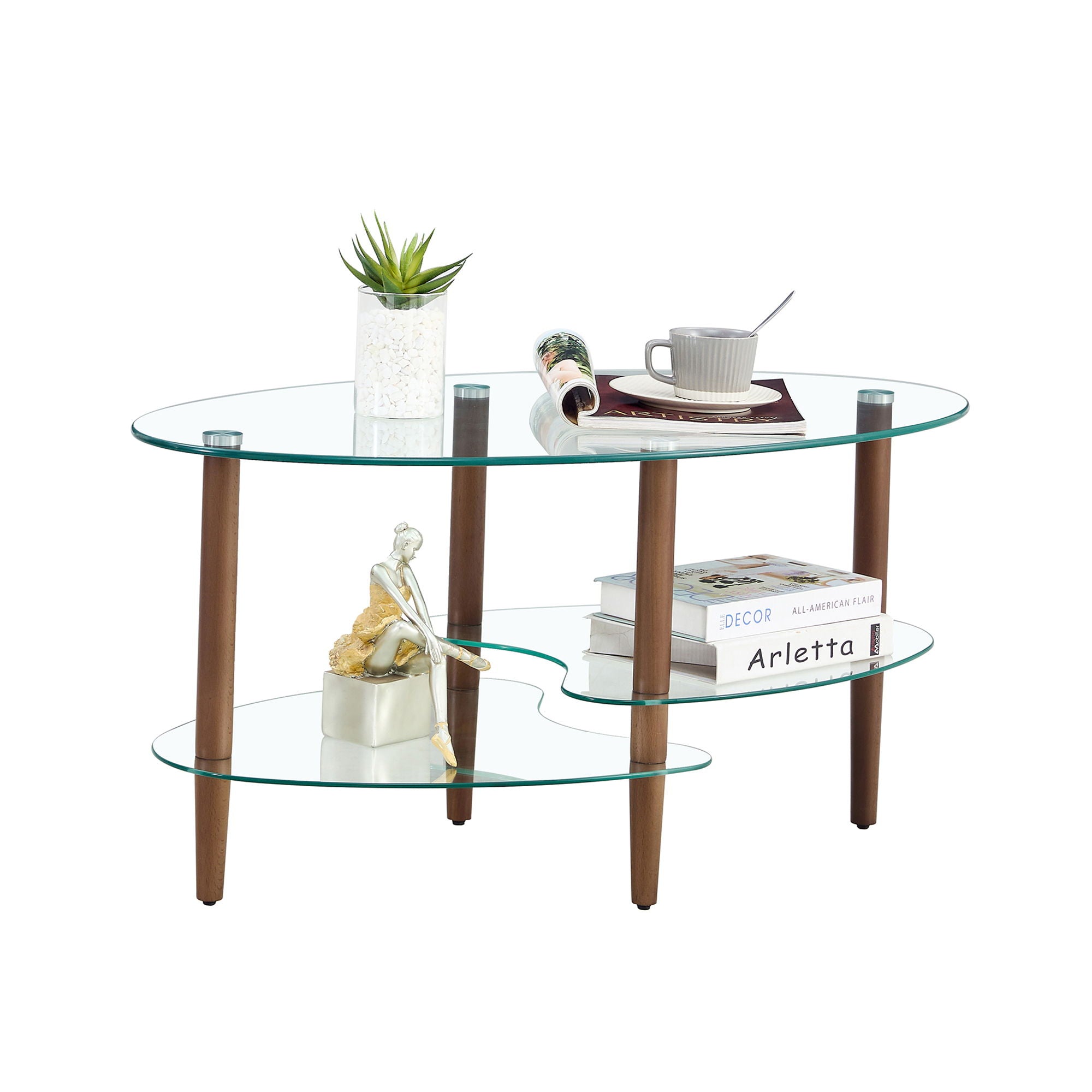 Transparent Oval Glass Coffee Table, Modern Table In Living Room Oak Wood Leg Tea Table 3-Layer Glass Table