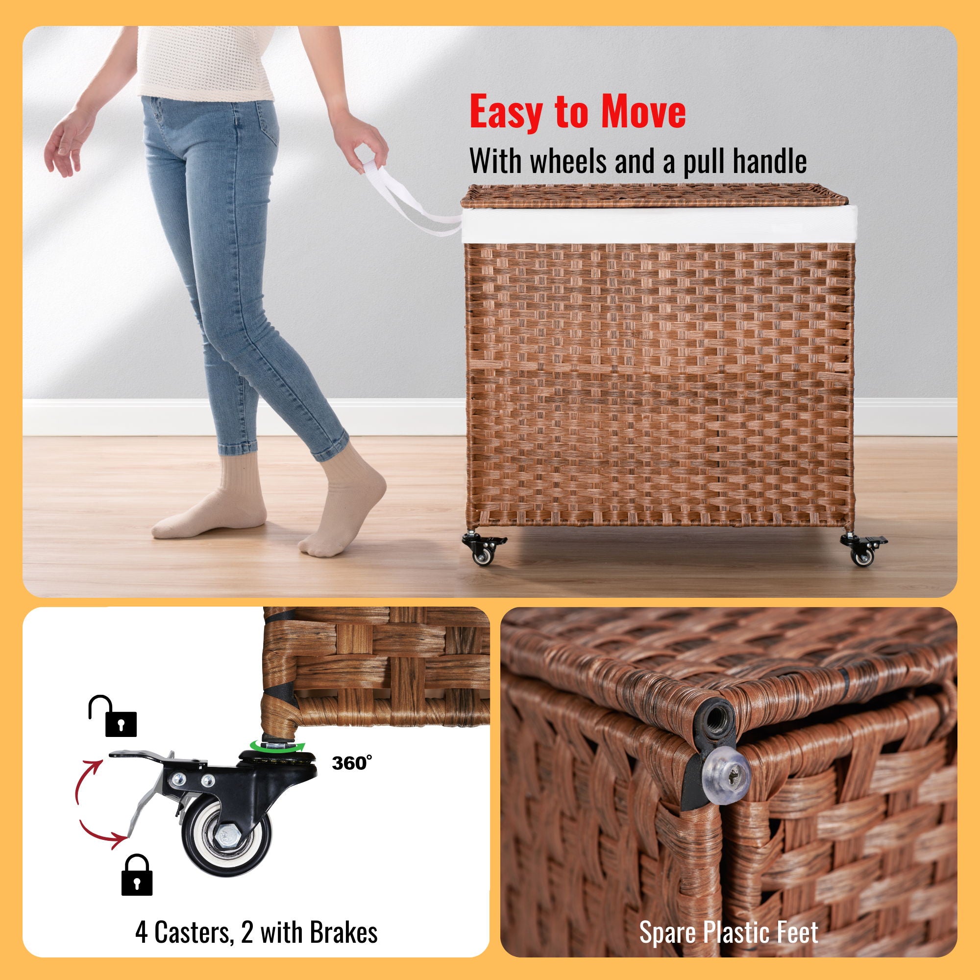 Laundry Hamper With Lid PE Rattan Powder Coating Frame Clothes Hampers With 2 Removable Bags